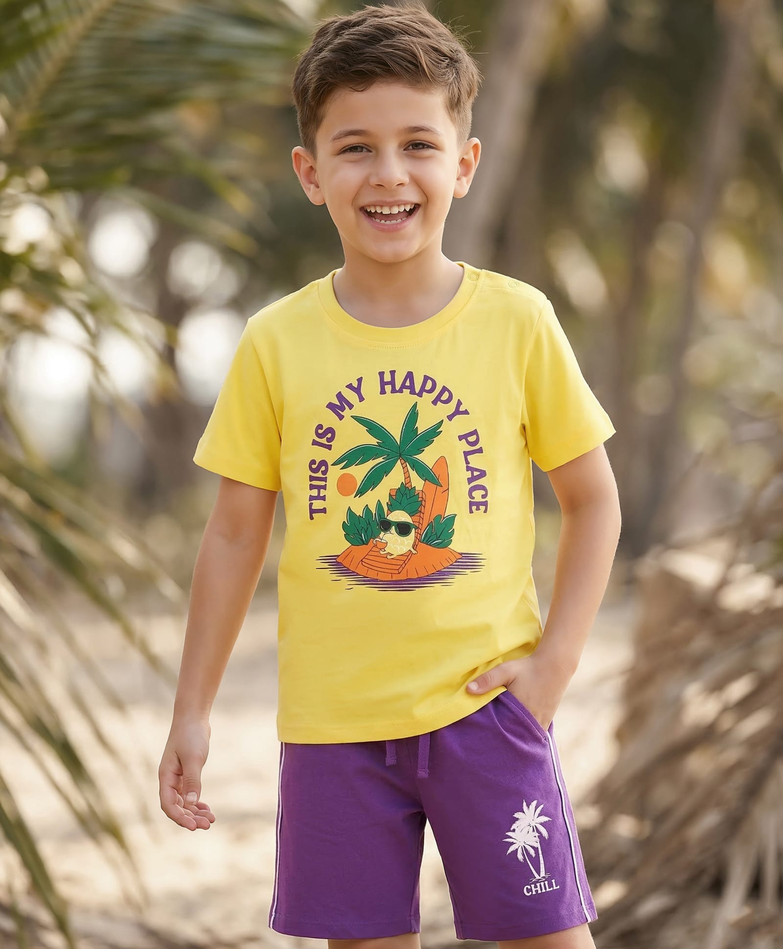 Honeyhap Premium 100% Cotton Knit Half Sleeves Shorts Night Suit with Bio Finish & Beach Theme Print - Snapdragon & Pansy-image-42