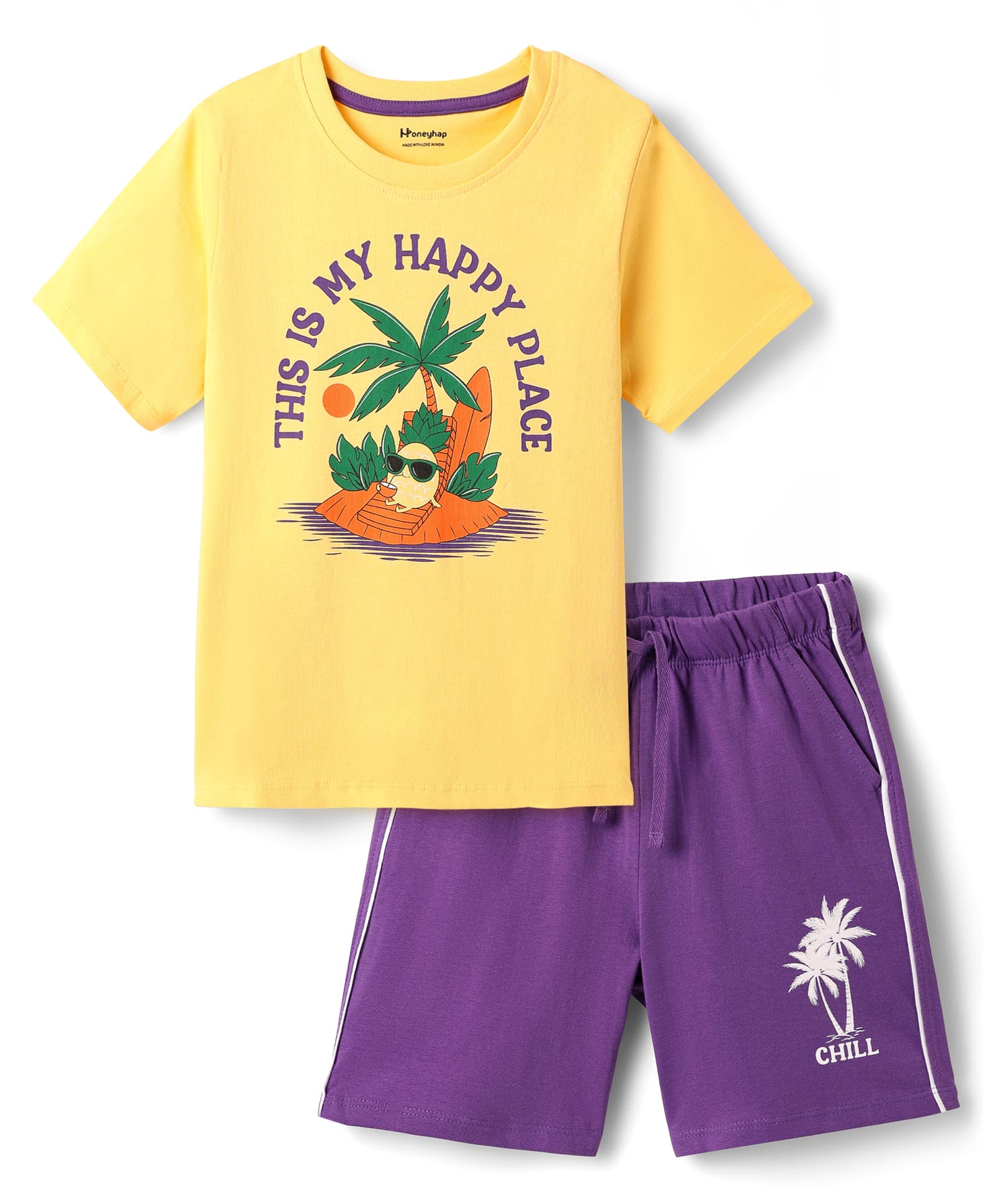 Honeyhap Premium 100% Cotton Knit Half Sleeves Shorts Night Suit with Bio Finish & Beach Theme Print - Snapdragon & Pansy-image-31