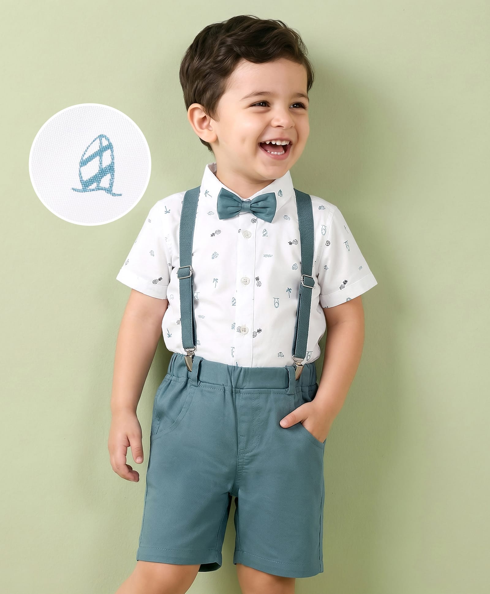 Mark & Mia Cotton Woven Half Sleeves Shirt with Shorts Set with Suspender & Bow and Beach Theme Print - White & Teal Blue-picture-21
