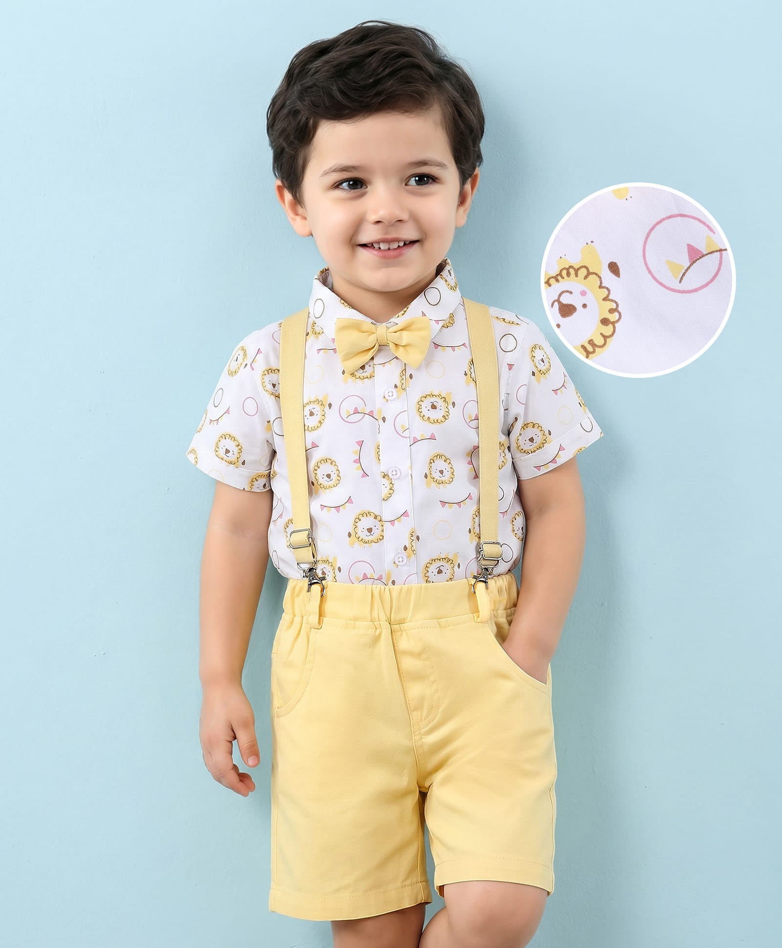 Mark & Mia Cotton Woven Half Sleeves Shirt with Shorts Set with Suspender & Bow and Animal Print - White & Yellow-image-11