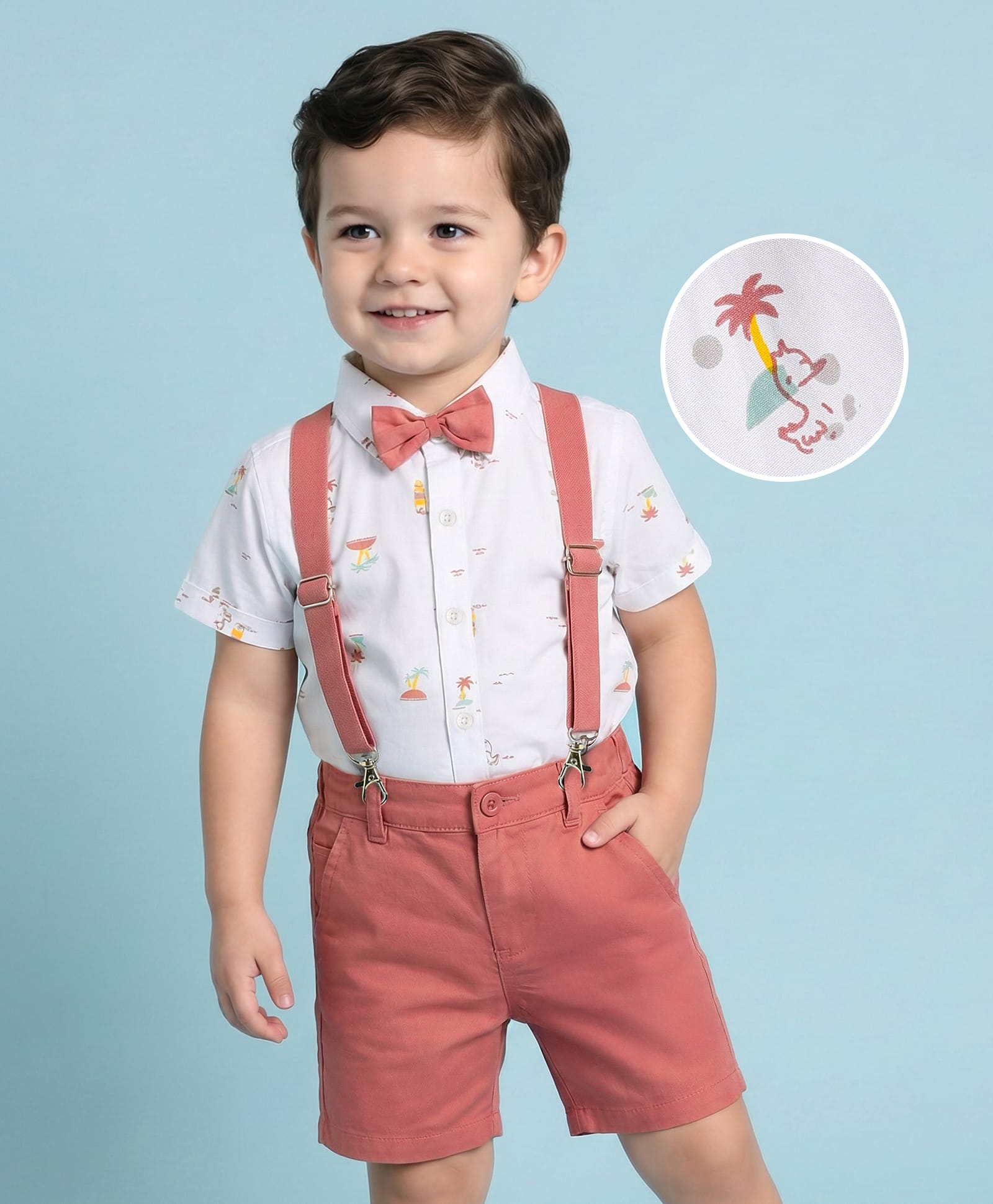 Mark & Mia Cotton Woven Half Sleeves Shirt with Shorts Set with Suspender & Bow and Beach Theme Print - White & Maroon-image-28