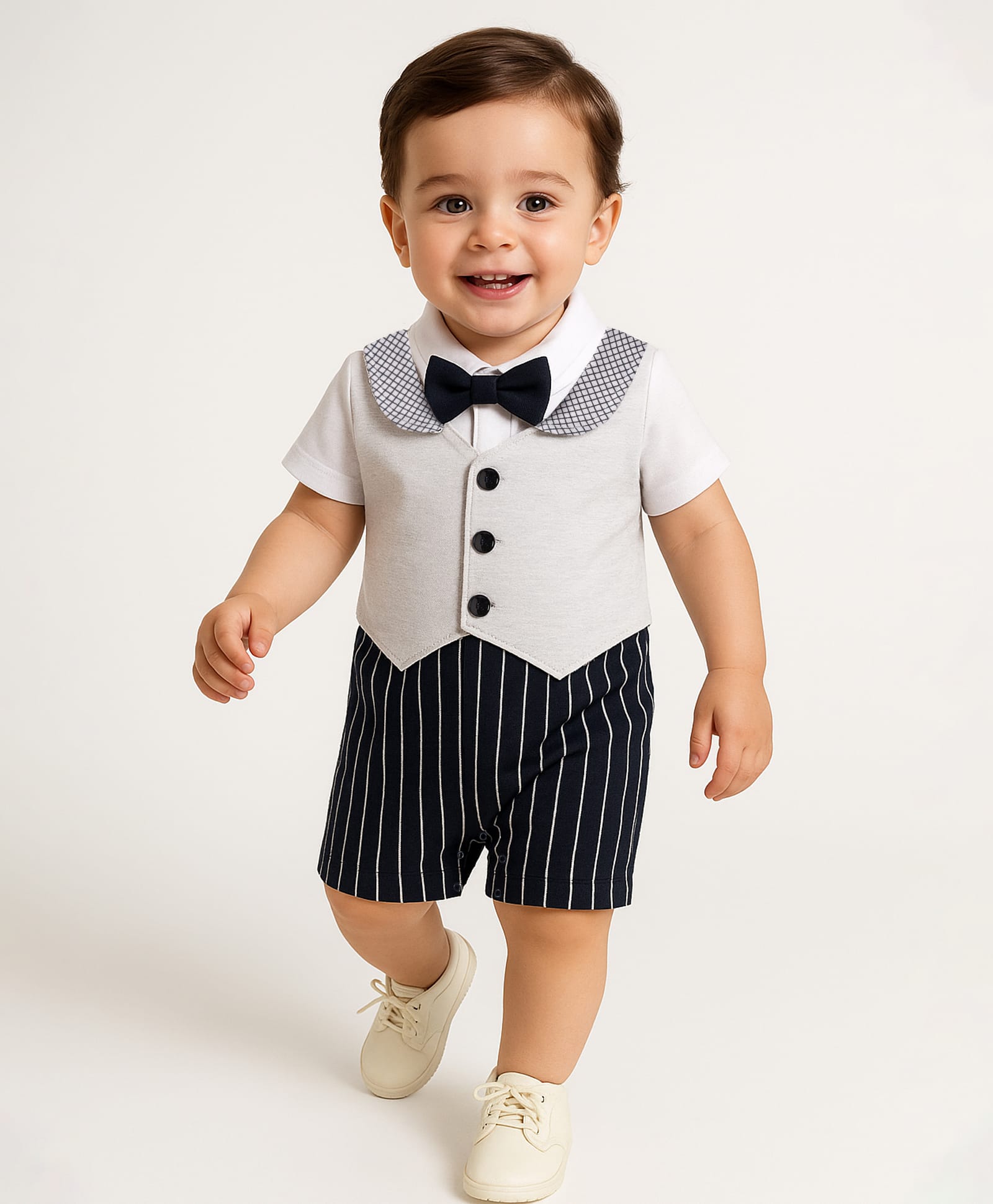 Mark & Mia Cotton Knit Half Sleeves Striped Party Romper with Bow - Black & White-picture-12