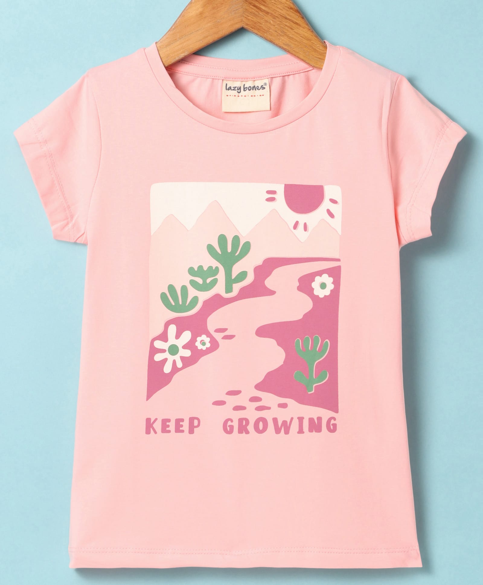 Lazy Bones Sinker Knit Half Sleeves T-Shirt with Keep Growing Print - Pink-picture-27