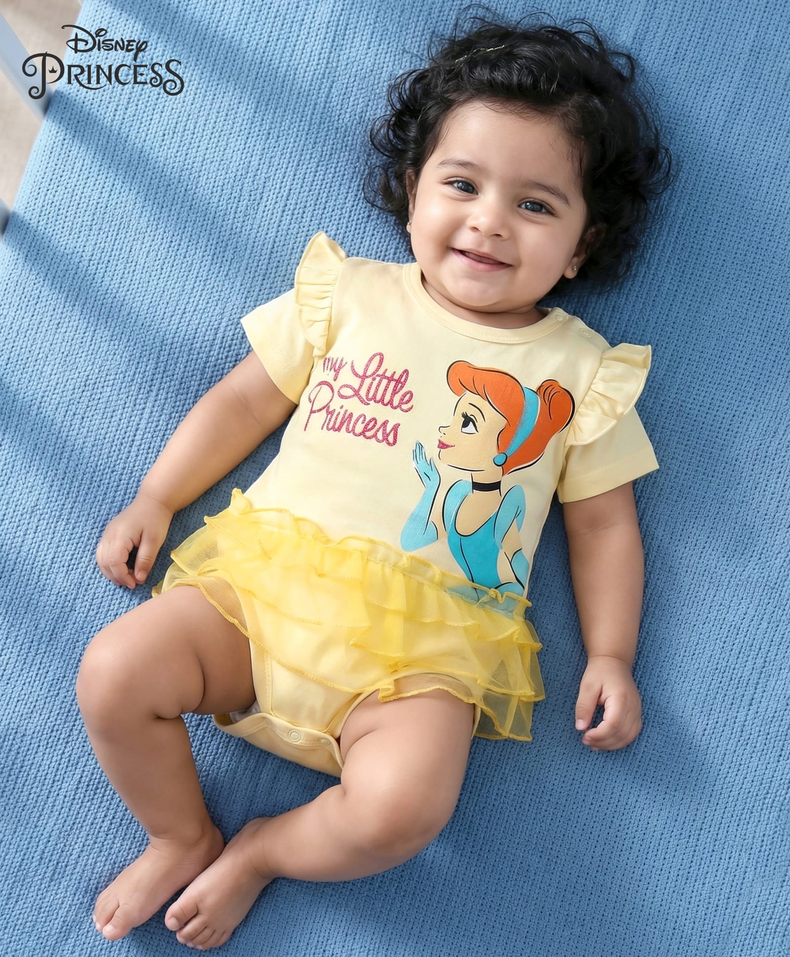 Babyhug Disney Interlock Knit Half Sleeves Onesie With Frill Detailing & Cinderella Graphics - Off White