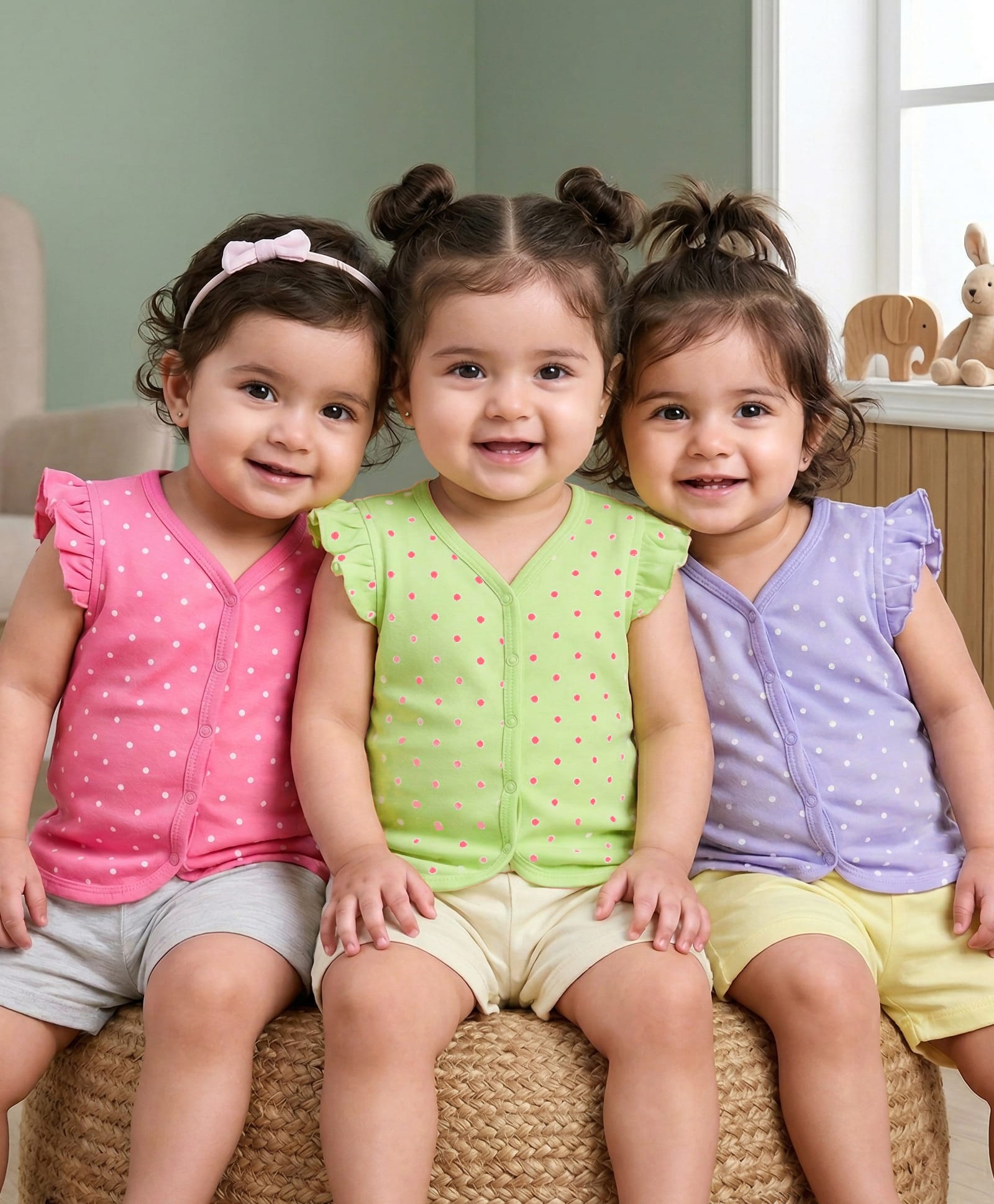 Babyhug 100% Cotton Interlock Knit Frill Sleeves Front Open Vests with Polka Dots Print Pack of 3 - Pink Lilac & Light Green-image-39