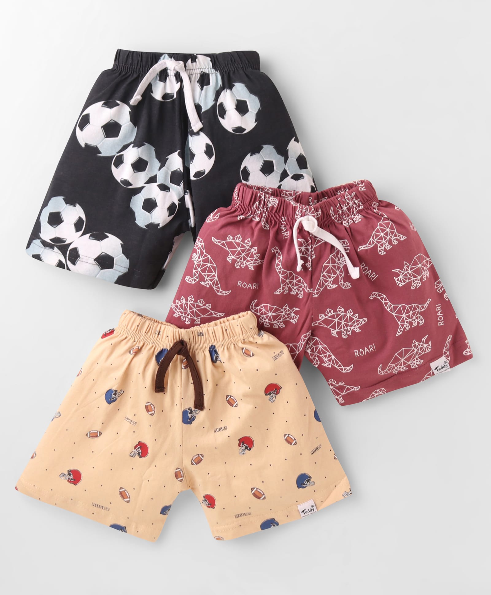 Teddy Sinker Knit Knee Length Shorts with Dino & SportsPrint Pack of 3 - Tan Black & Wine-picture-16
