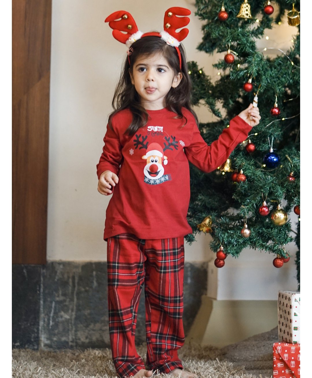 Nap Chief Pure Cotton Knit Full Sleeves Reindeer Printed & Checked Night Suit Set - Red-picture-24