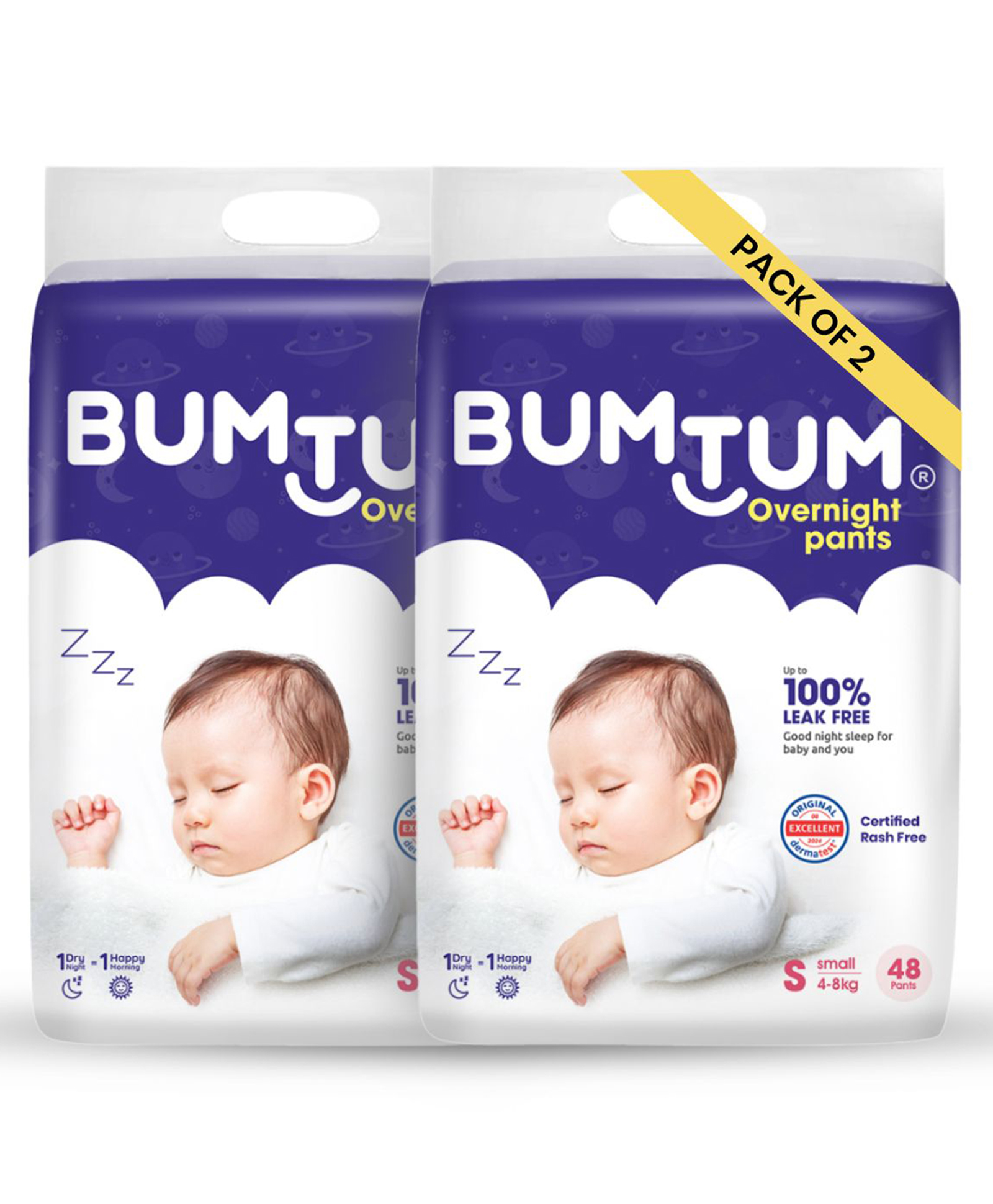 Bumtum Overnight Diaper Pants with Chamomile Microbial Layer Leak Protection & Rash Control Pack of 2 Small - 96 Pieces-image-20