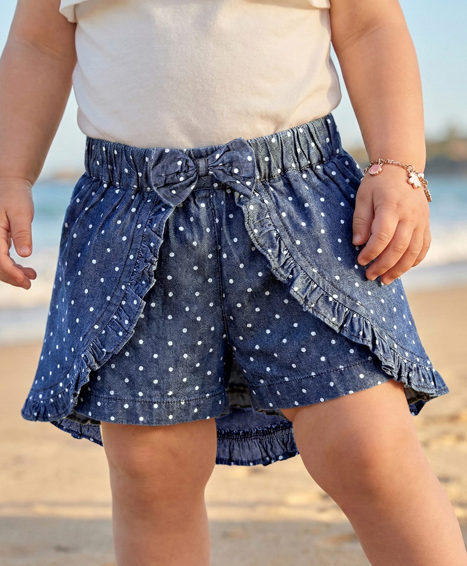 Babyoye 100% Cotton Woven Skorts with Frill Design & Bow Applique Polka Dots Print - Navy-picture-22