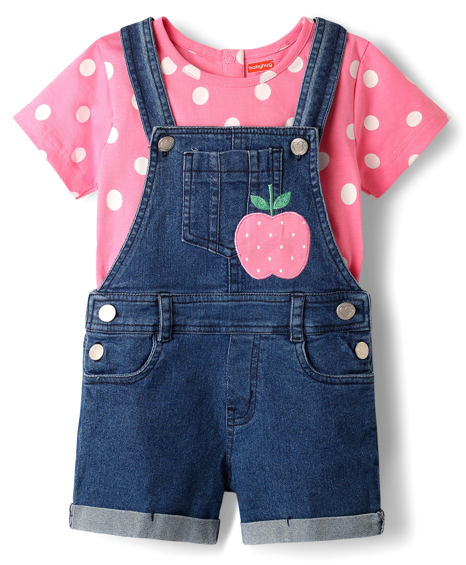 Babyhug Single Jersey Knit Dungaree & Half Sleeves T-Shirt With Polka Dot Print & Apple Patch - Blue-picture-32