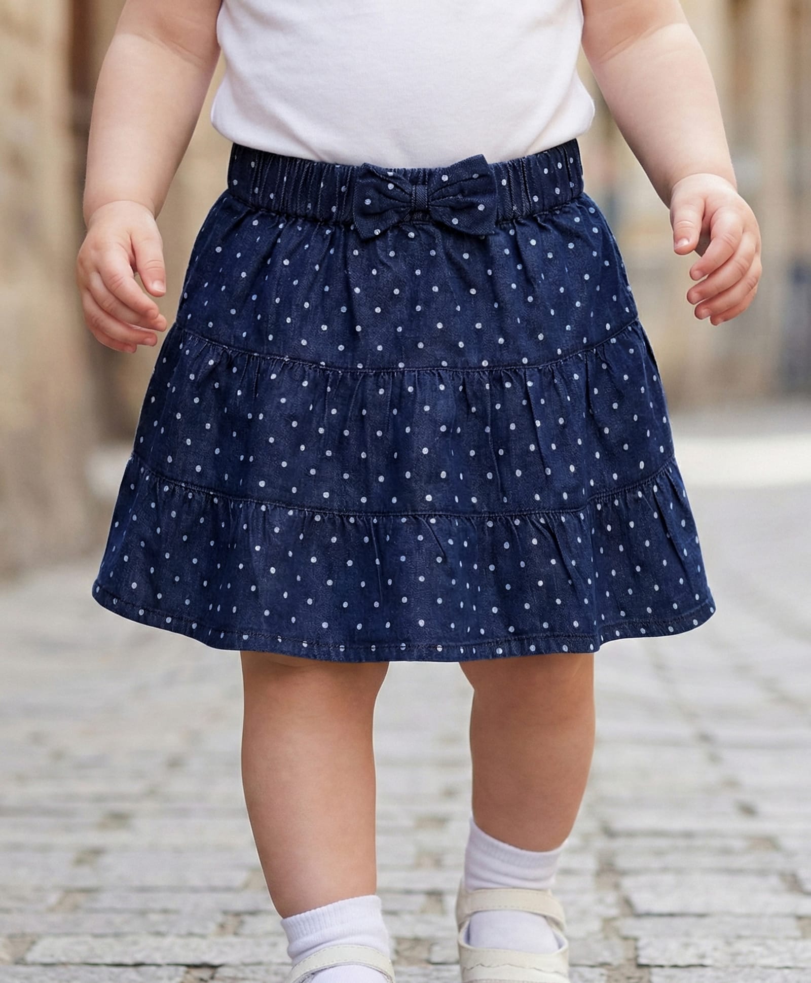 Babyoye Denim Skirt with Polka Dots & Bow Applique - Navy Blue-picture-16