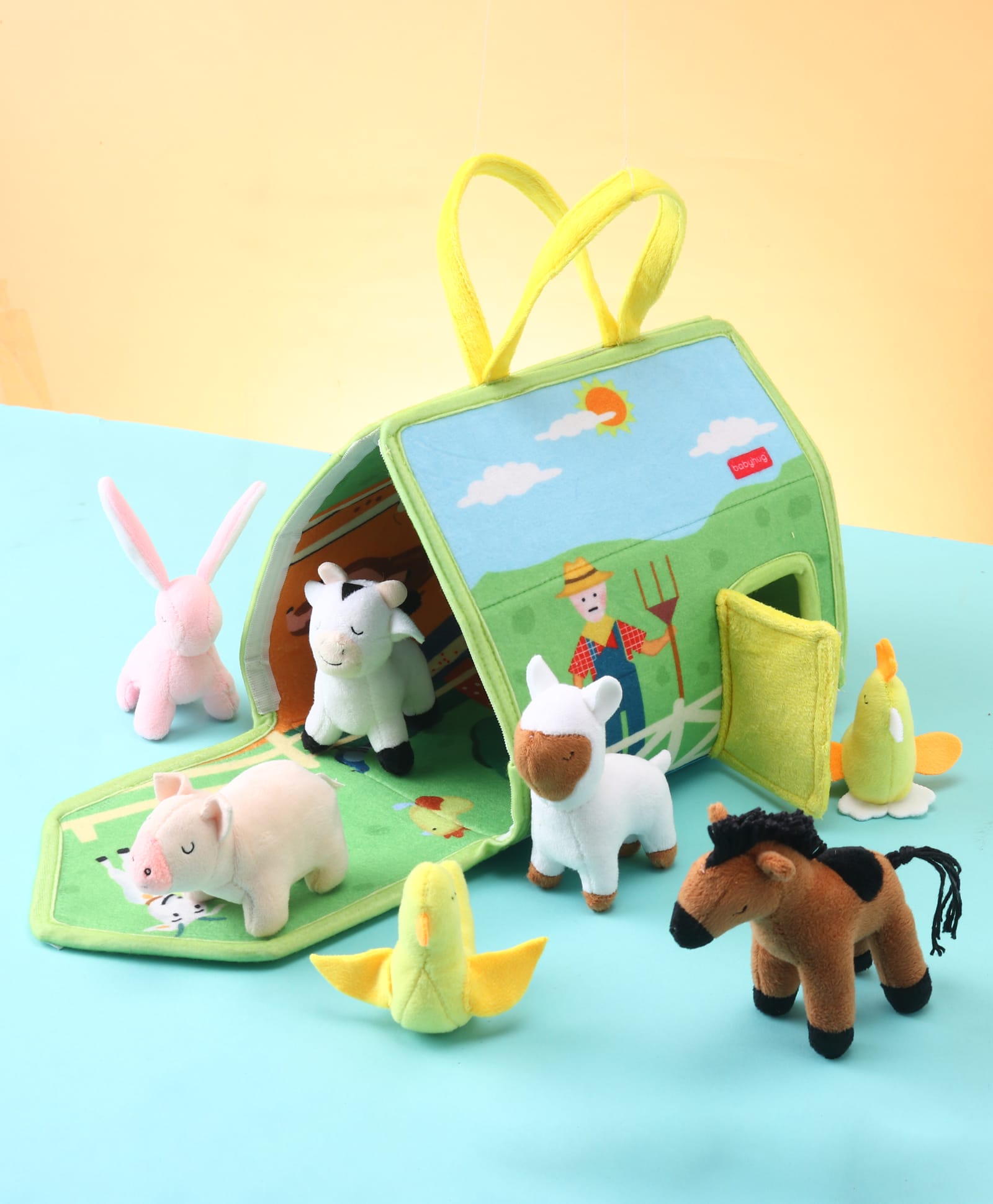Babyhug Farm House Playset with Carry Handle | 7 Animal Plush Figurines (Duck, Pig, Horse, Hen, Sheep, Rabbit & Cow) | Educational & Montessori Learning Toy for Pretend Play | BIS Certified | Gifting Toy