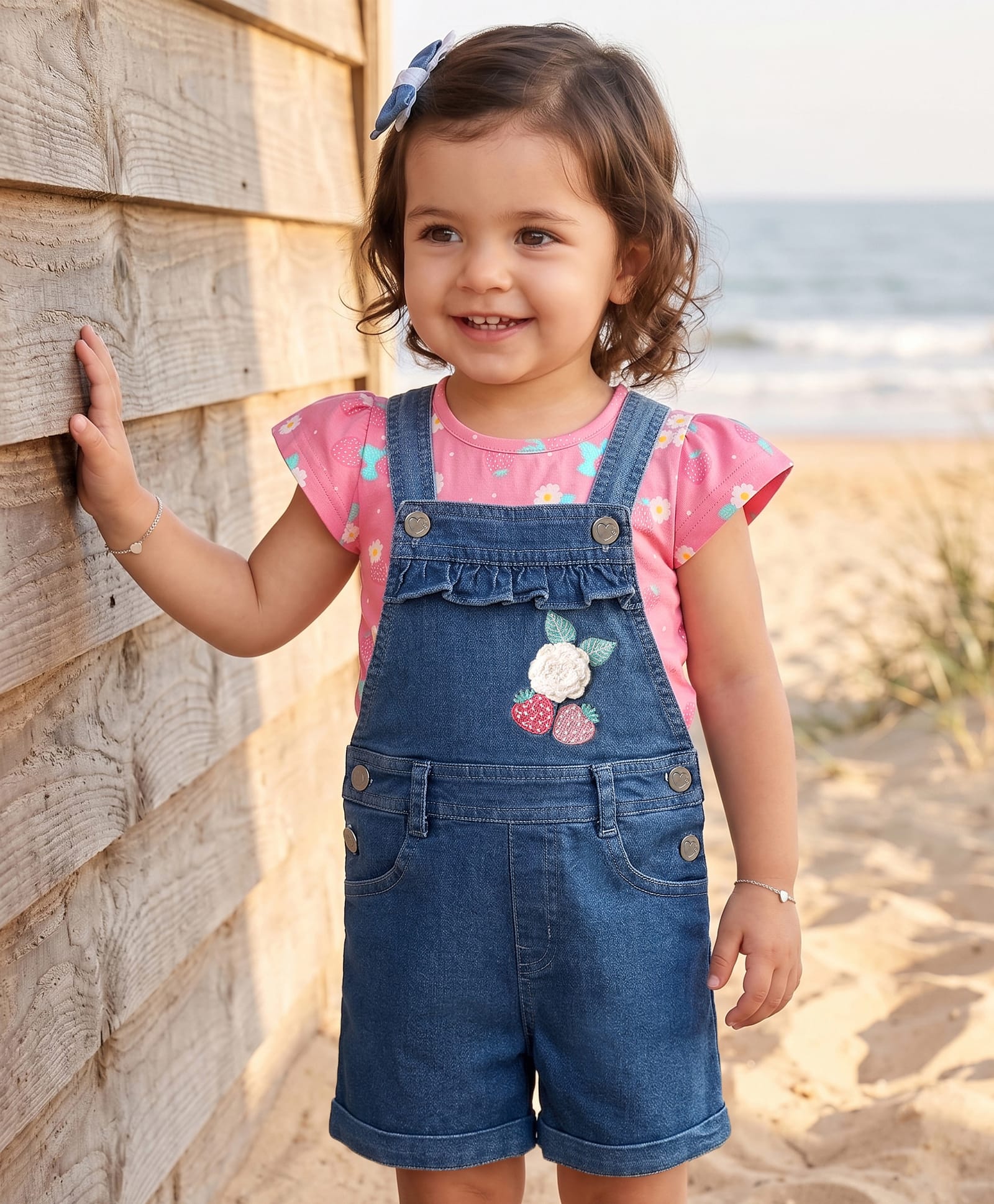 Babyhug Single Jersey Knit Dungaree & Cap Sleeves T-Shirt With Floral Print & Strawberry Embroidery - Blue & Pink-picture-27