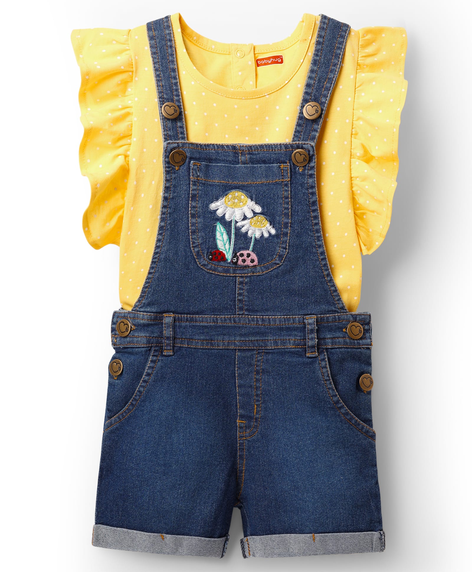 Babyhug Single Jersey Knit Floral Embroidered Dungaree & Frill Sleeves Inner Tee - Yellow & Blue