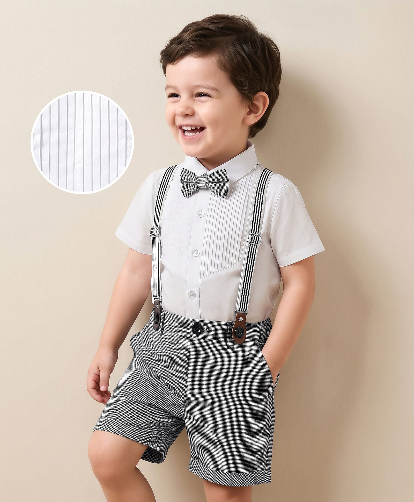 Mark & Mia Cotton Woven Half Sleeves Shirt & Short with Bow & Suspender - White & Grey-picture-18