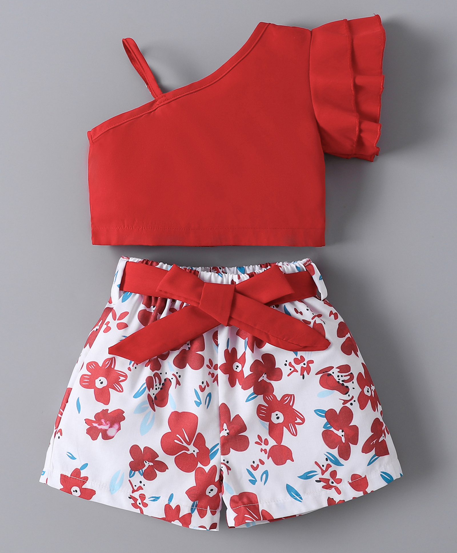 Mark & Mia Sleeveless Top & Shorts Set with Fabric Belt & Floral Print - White & Red-image-8