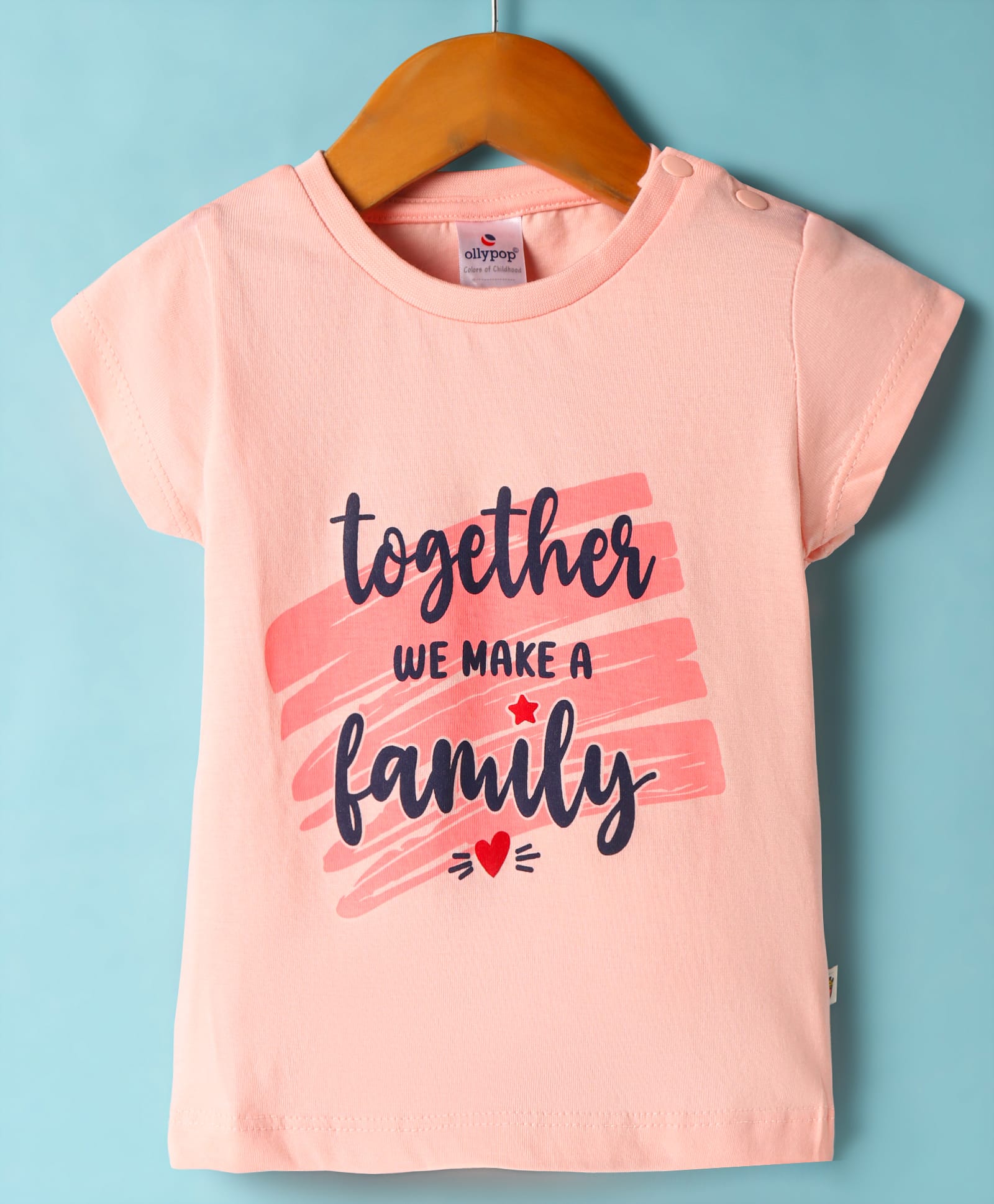 Ollypop Sinker Knit Half Sleeves Top With Together We Make a Family Text Print - Peach-picture-0