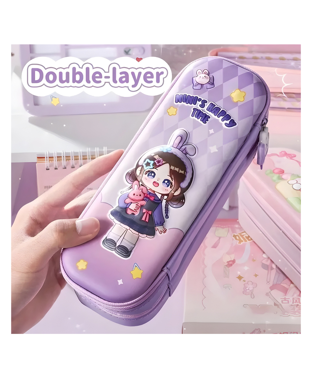Elecart Cute Girl Print 3D EVA Pencil Case for Kids & Students-Purple-picture-25
