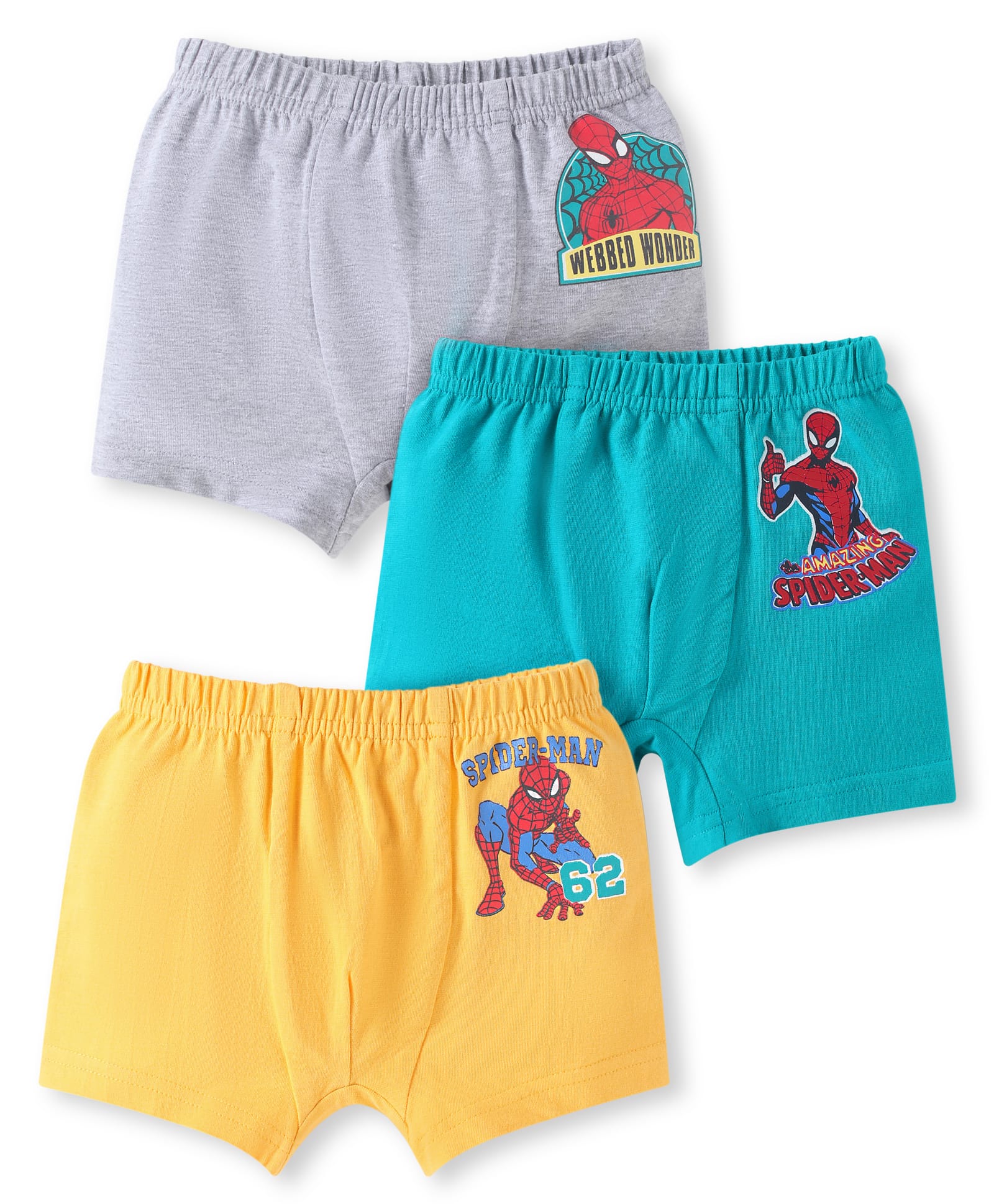 Babyhug Marvel Lycra Knit Trunk With Spider Man Graphics Pack of 3 - Yellow Light Blue & Grey-image-19
