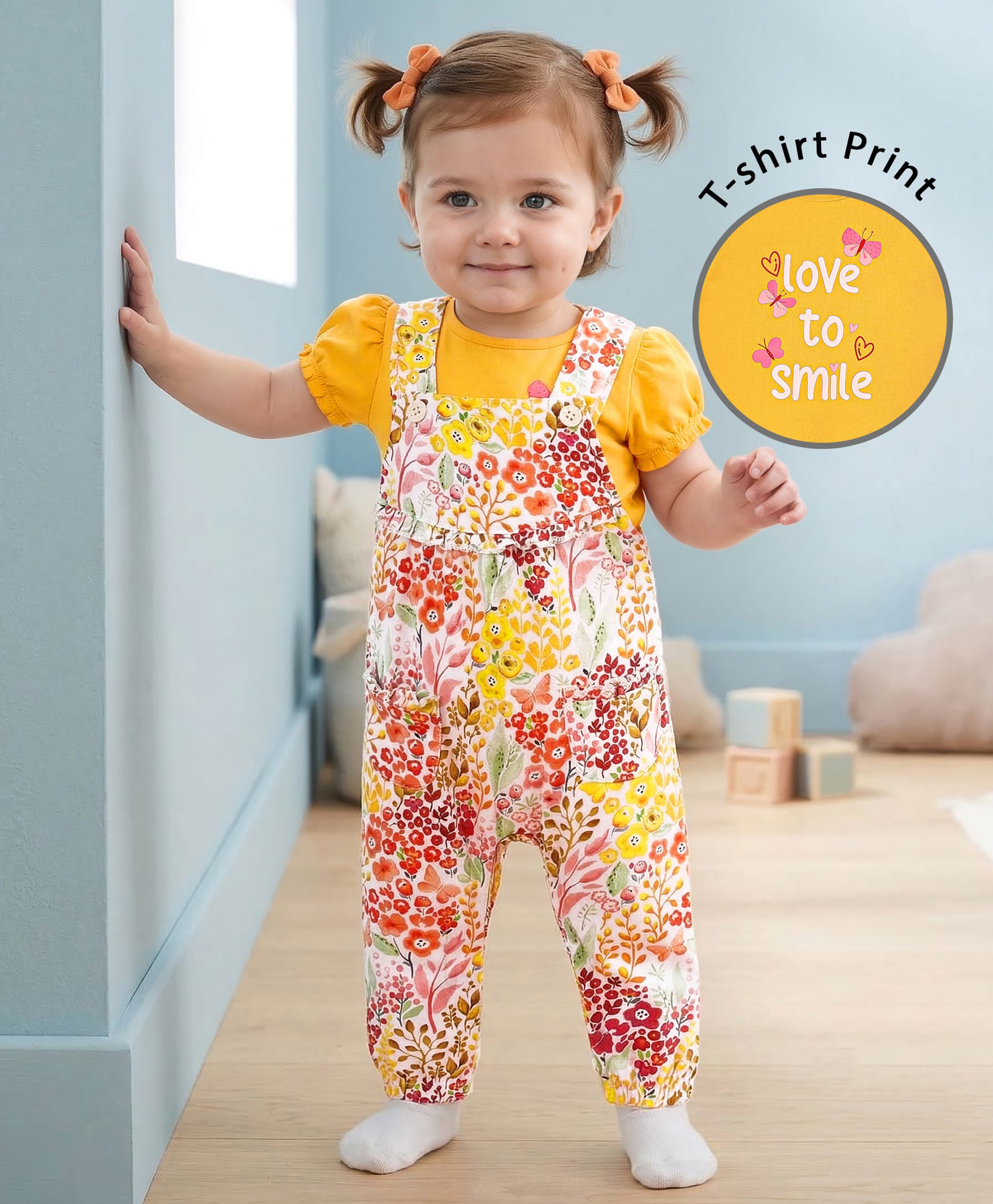 Babyoye 100% Cotton Knit Half Puffed Sleeves Inner Tee & Dungaree with Floral Print - Yellow & White-image-20