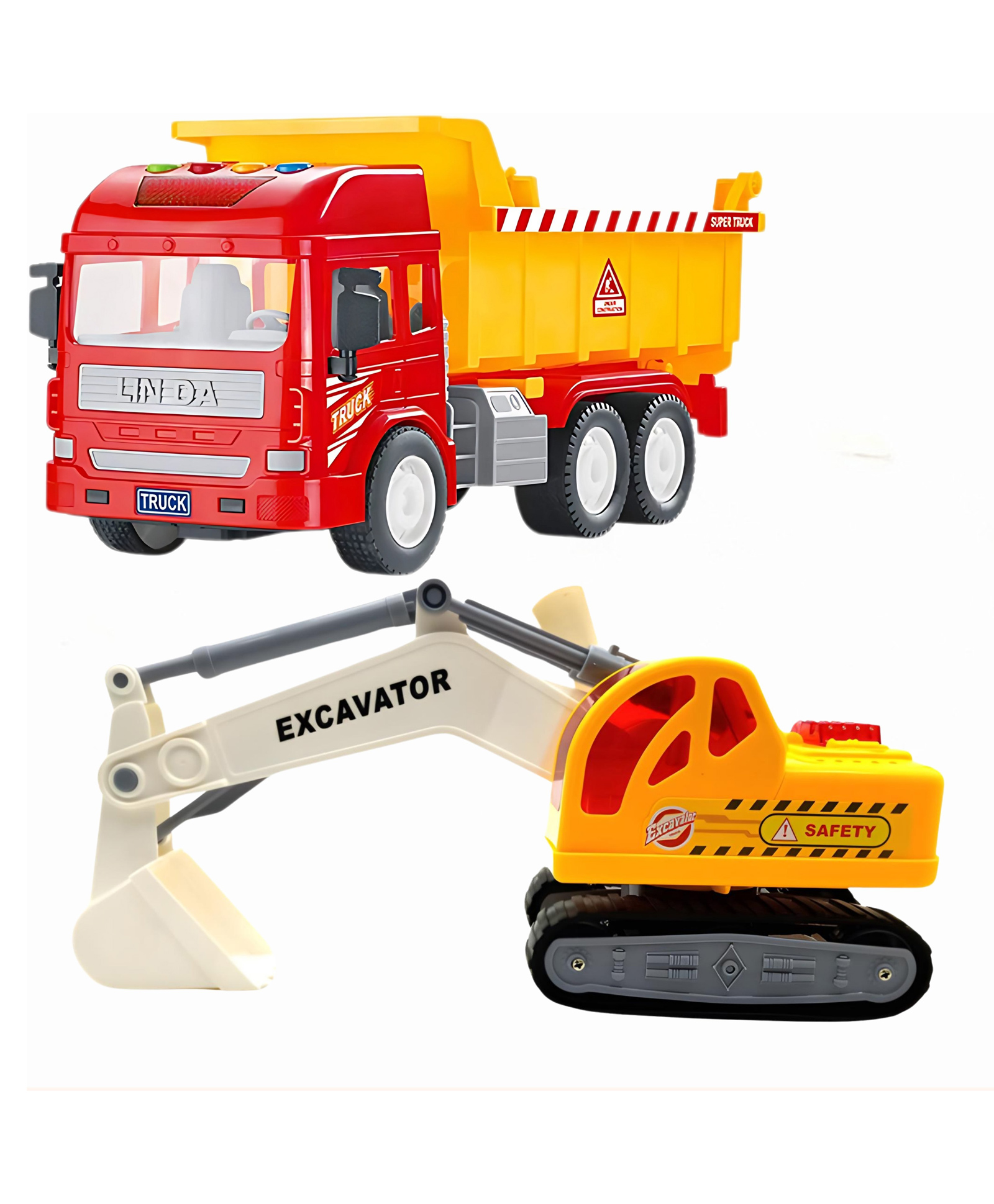 YAMAMA Friction Toys For Kids 2-in-1 Excavator And Dump Truck Toys With Friction Powered Lights And Sounds Interactive Construction Toys Eco-Friendly(Set of 2Multicolor)-image-0