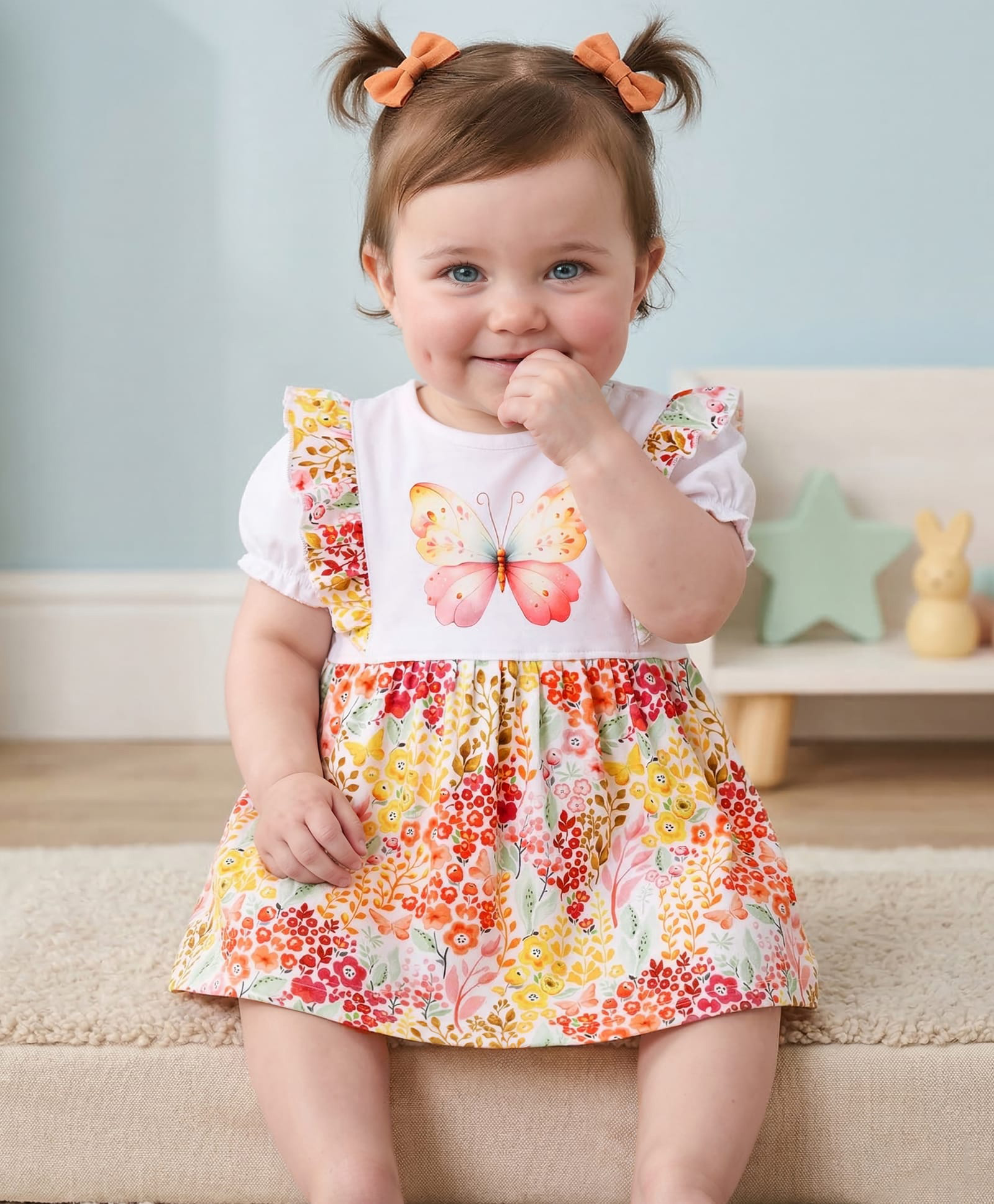 Babyoye 100% Cotton Knit Half Sleeves Frock Style Onesies With Floral Print - White-picture-21