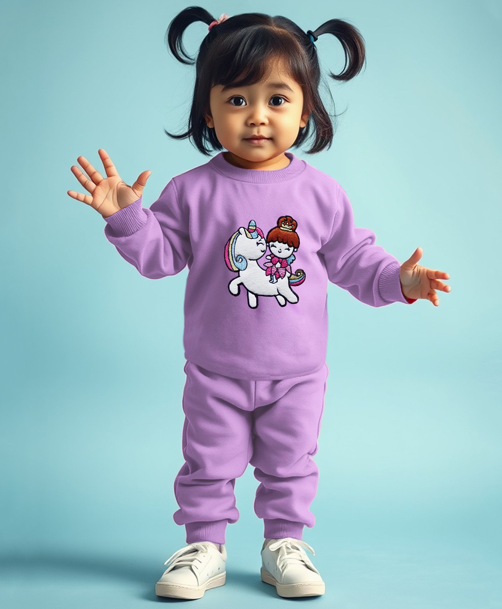Trampoline Full Sleeves Unicorn Embroidered Sweatshirt With Coordinating Pajama Set - Purple-image-46