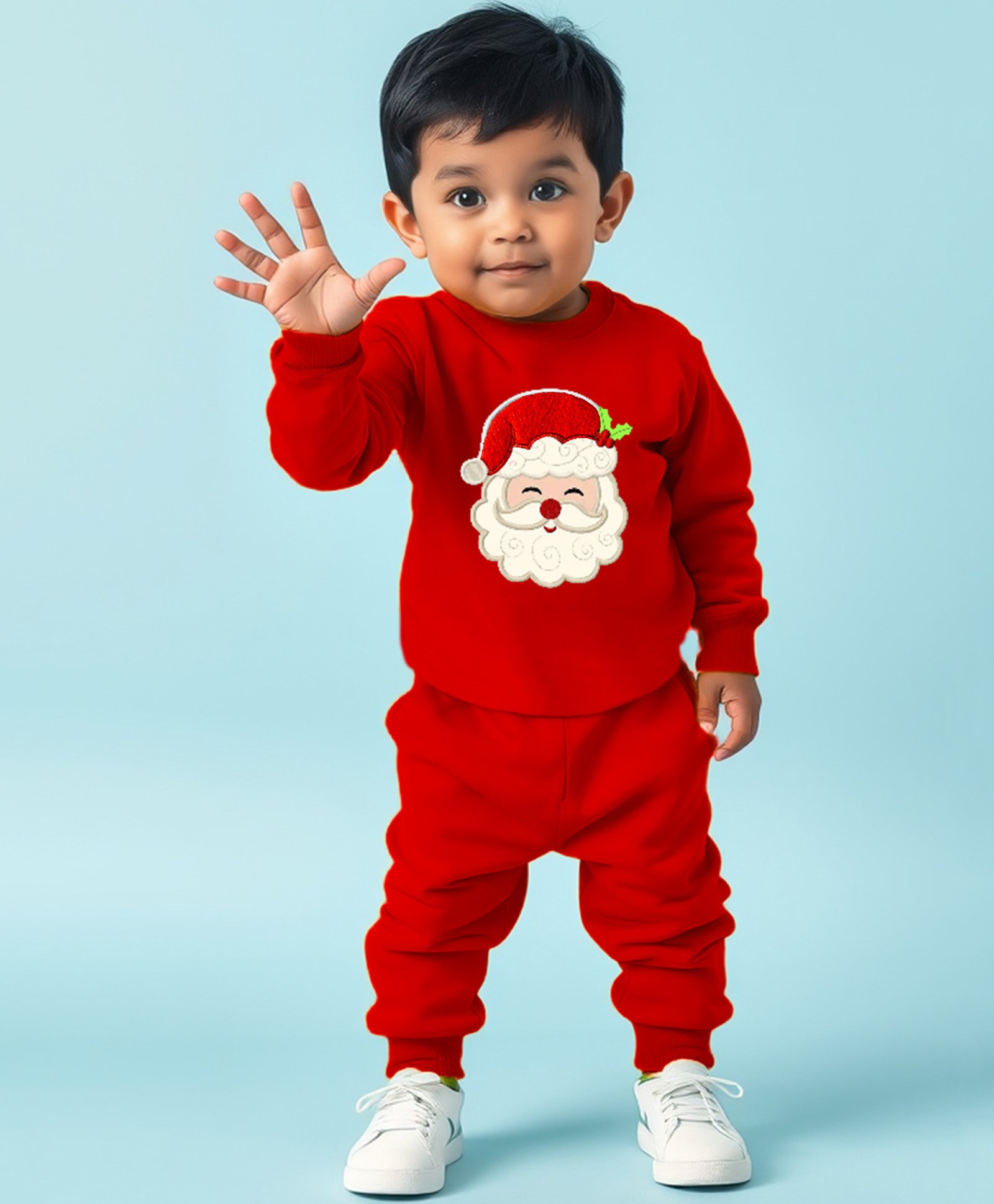 Trampoline Christmas Theme Full Sleeves Santa Face Patch Embroidered Sweatshirt & Coordinating Pajama Set - Red-image-24
