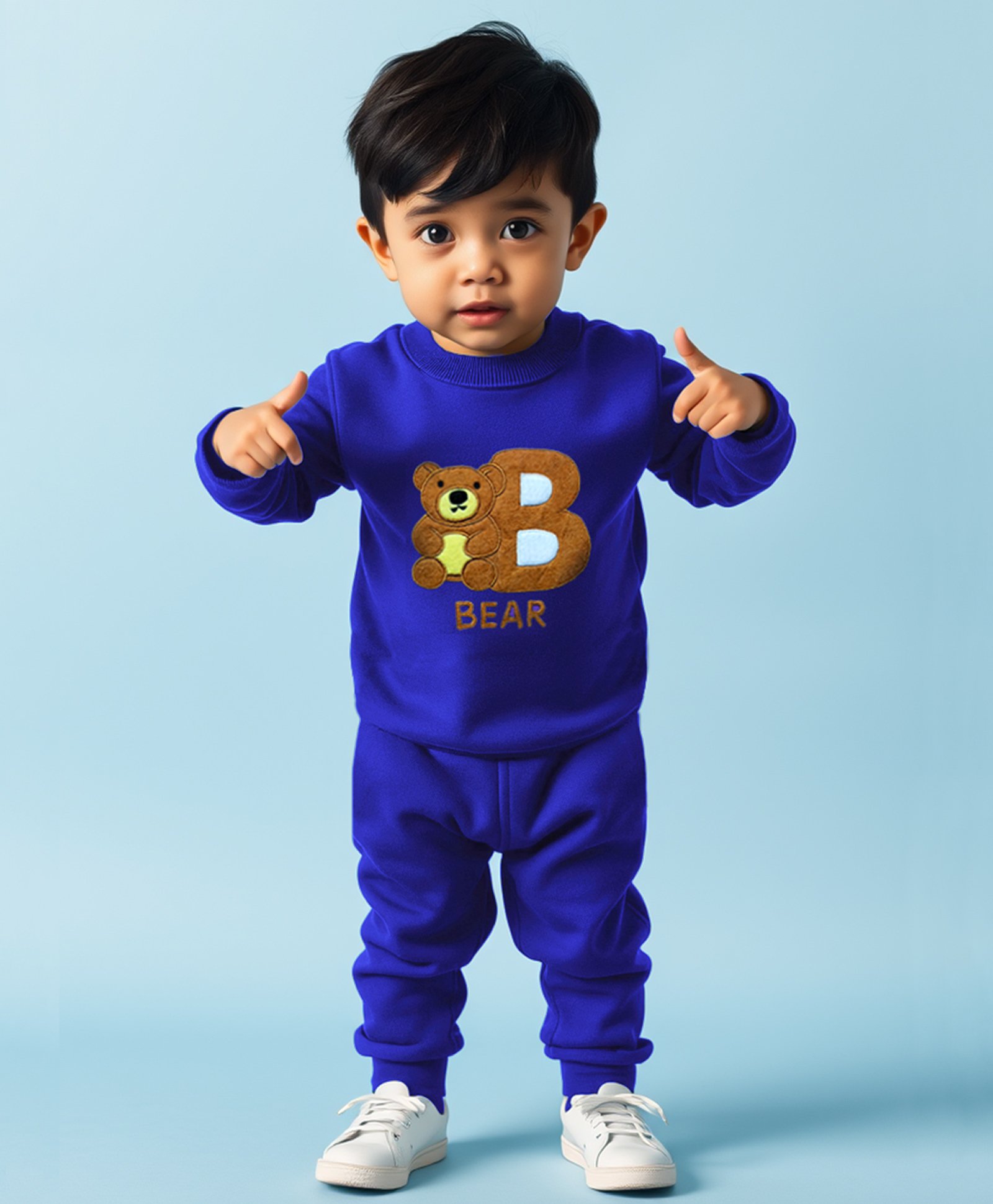 Trampoline Fleece Full Sleeves Bear Patch Embroidered Sweatshirt & Joggers Set - Blue-image-32