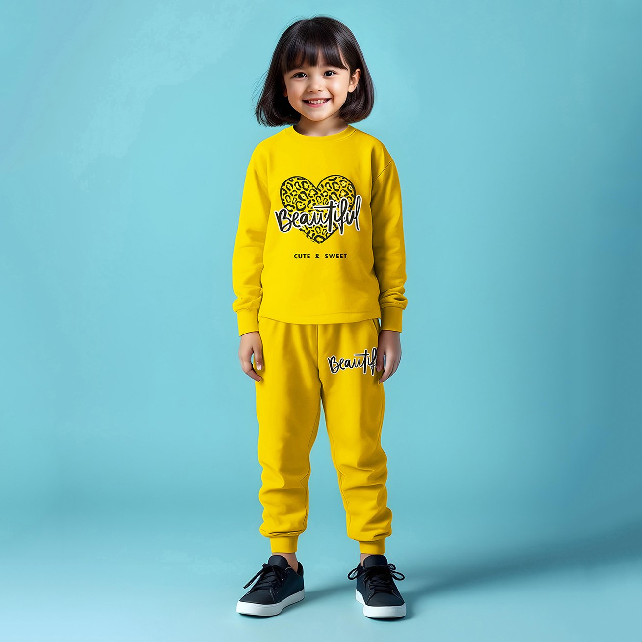 Trampoline Full Sleeves Heart Printed & Beautiful Text Printed Tee With Coordinating Track Pant Set - Yellow-image-3