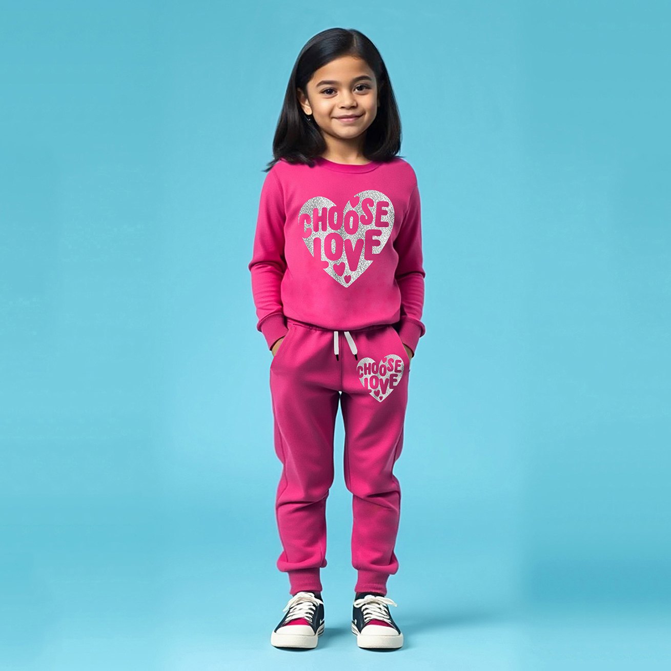Trampoline Full Sleeves Choose Love Text Printed Tee With Coordinating Track Pant Set - Pink-image-11