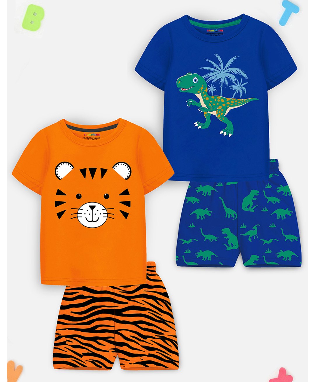 Trampoline Pack Of 2 Half Sleeves Dinosaur & Tiger Printed Tees & Shorts Set - Orange & Blue-picture-32