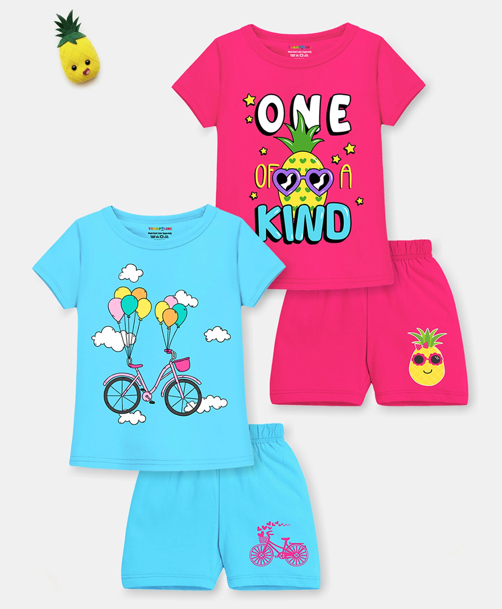Trampoline Pack Of 2 Half Sleeves Balloons & Pineapple Printed Tees & Coordinating Shorts Set - Blue & Pink-picture-13