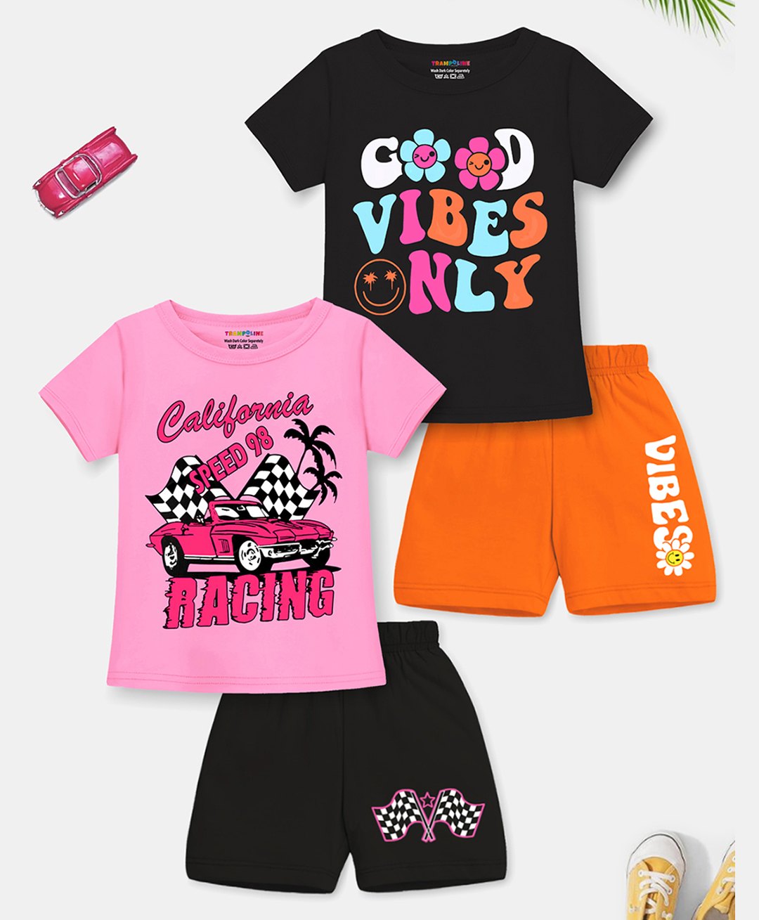 Trampoline Cotton Blend Pack Of 2 Half Sleeves Car & Typography Printed Tee With Shorts Set - Multi Colour-picture-25