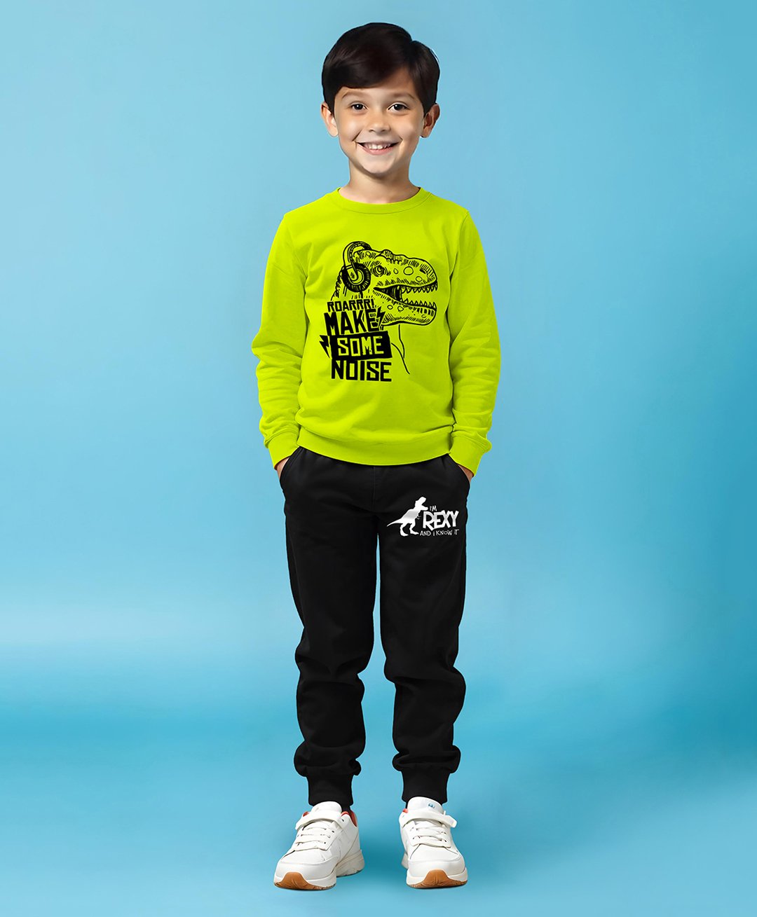 Trampoline Cotton Blend Full Sleeves Dinosaur & Typography Printed Tee With Track Pants Set - Green & Black-picture-13