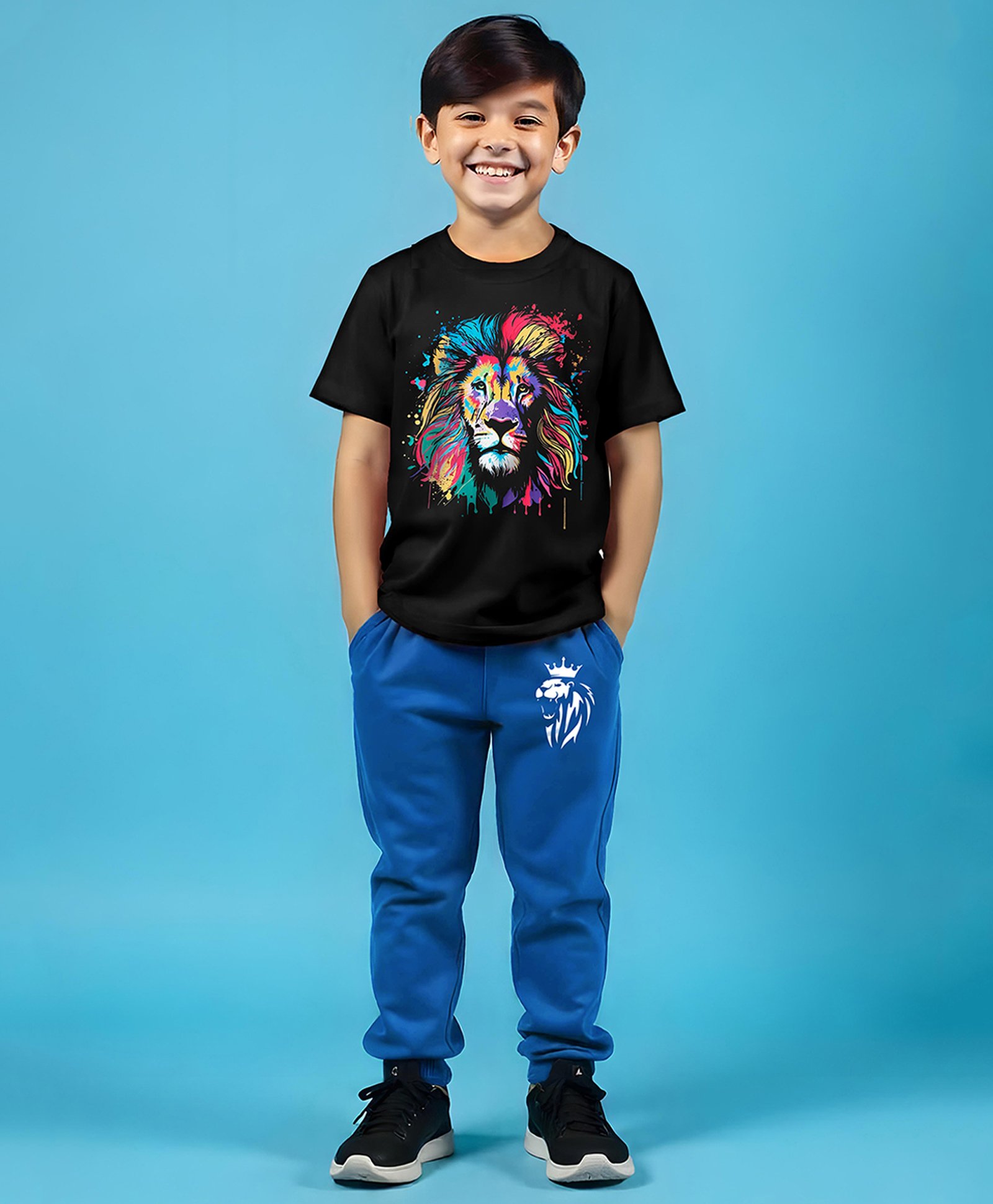 Trampoline Cotton Blend Half Sleeves Lion Printed Tee With Track Pants Set - Black & Blue-picture-24