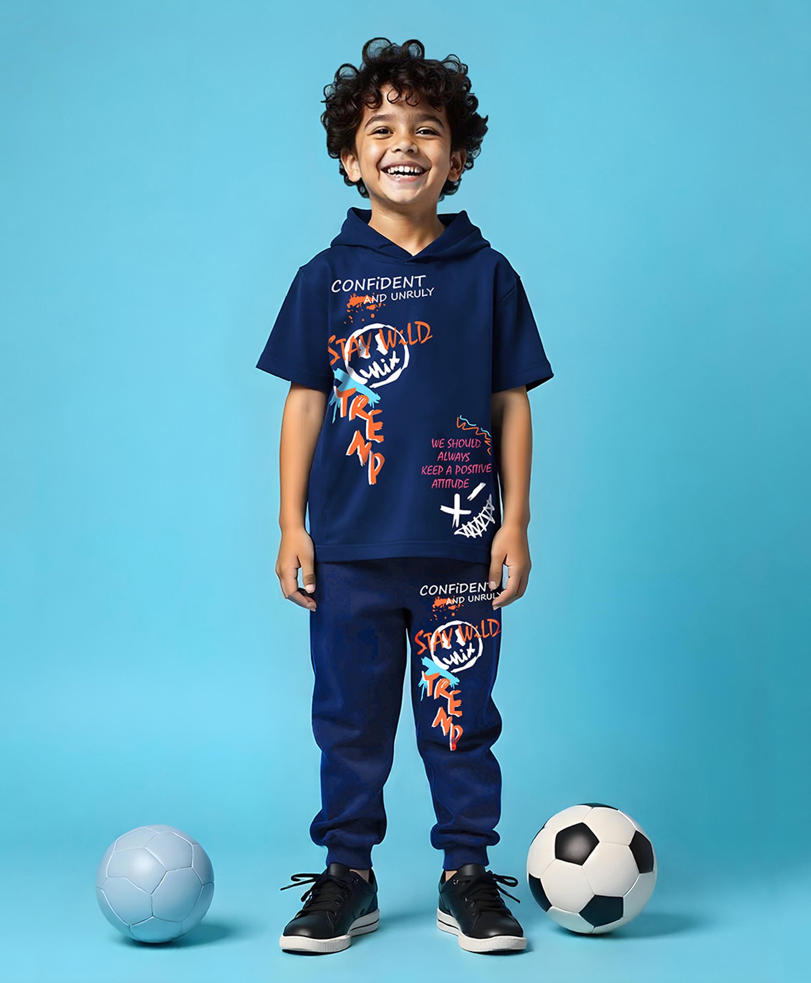 Trampoline Cotton Blend Half Sleeves Typography Printed Hooded Tee With Track Pants Set - Blue-picture-29