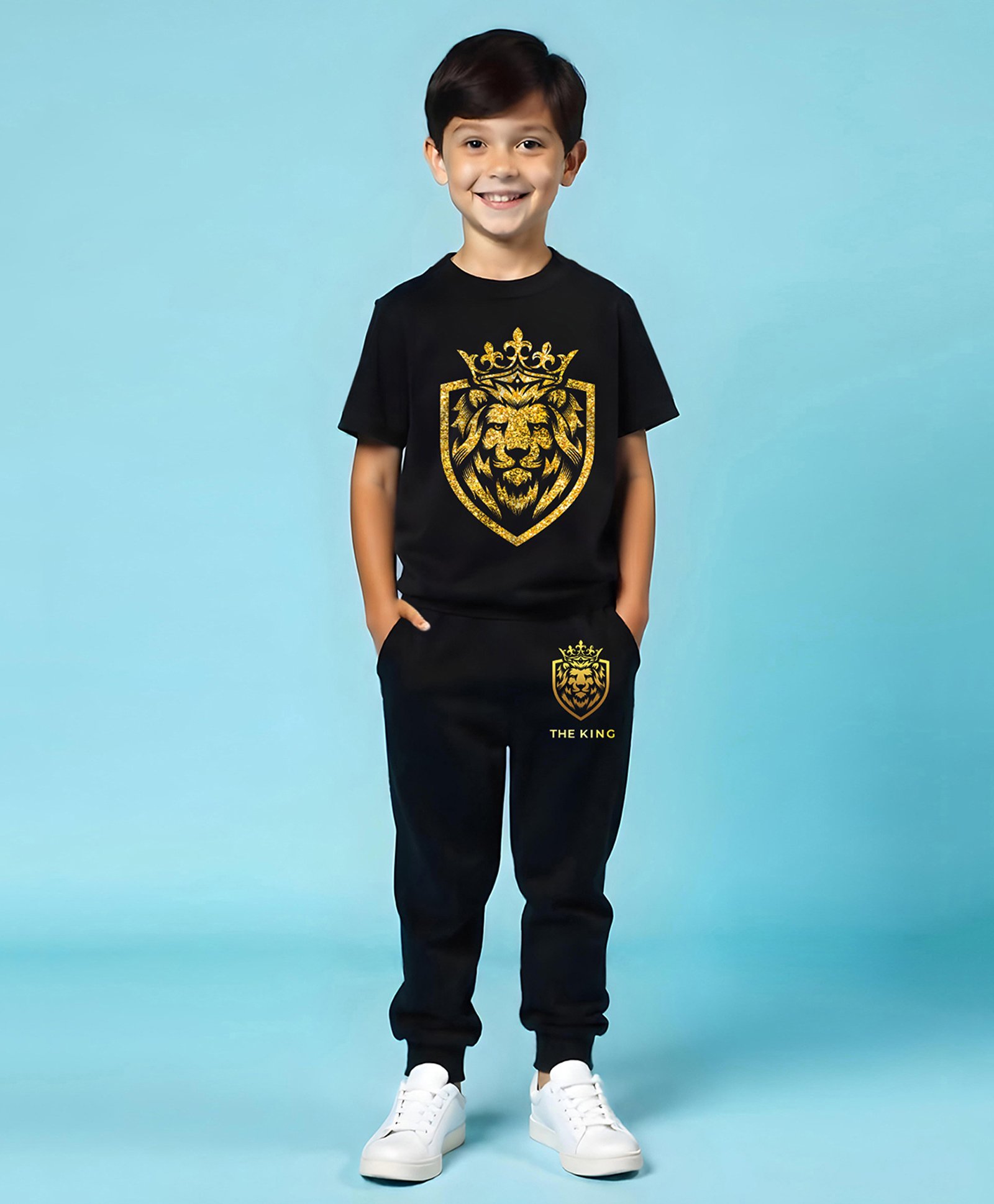 Trampoline Cotton Blend Half Sleeves Lion Printed Tee With Track Pants Set - Black-picture-31