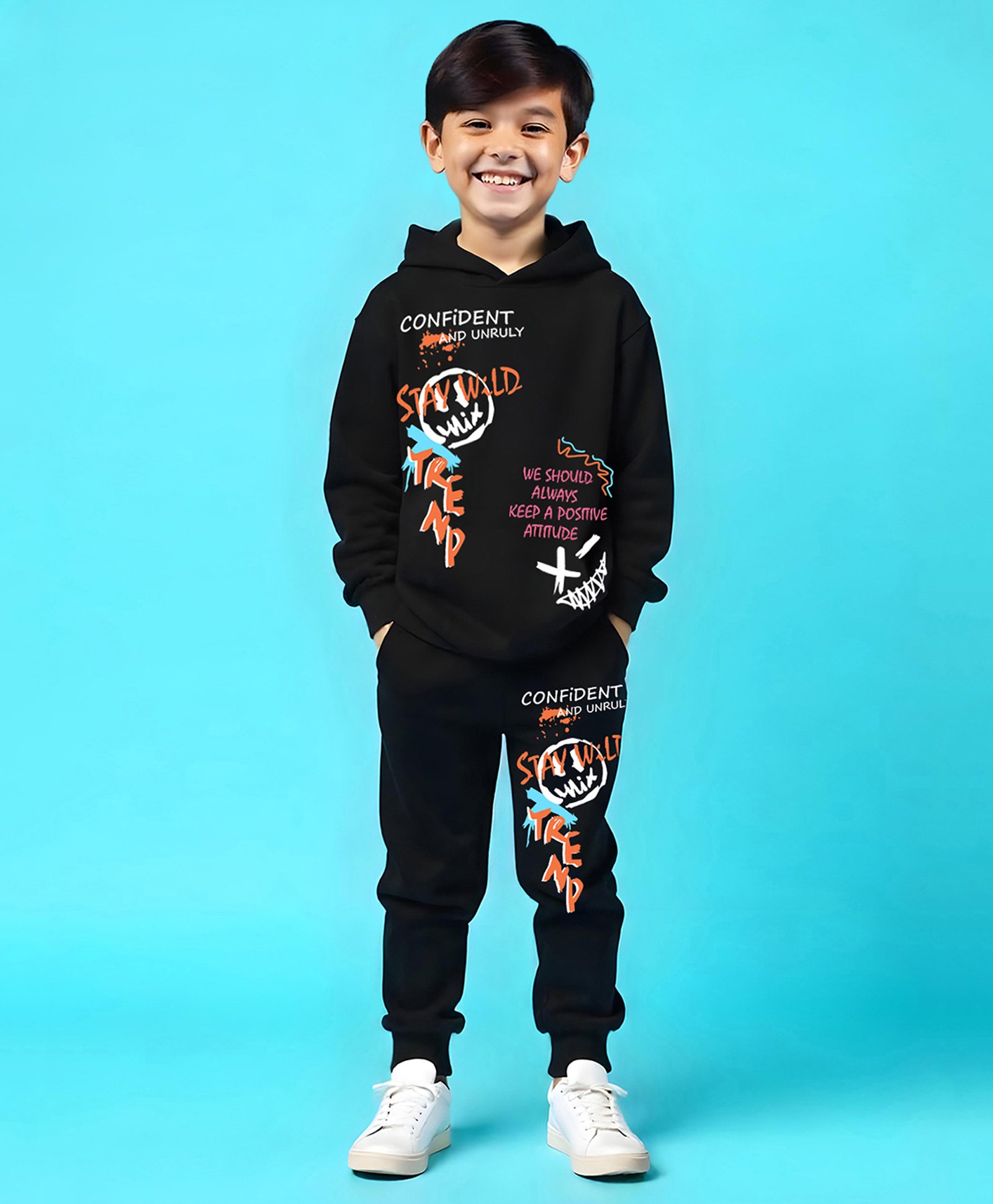 Trampoline Cotton Blend Full Sleeves Typography Printed Hooded Tee With Track Pants Set - Black-picture-17