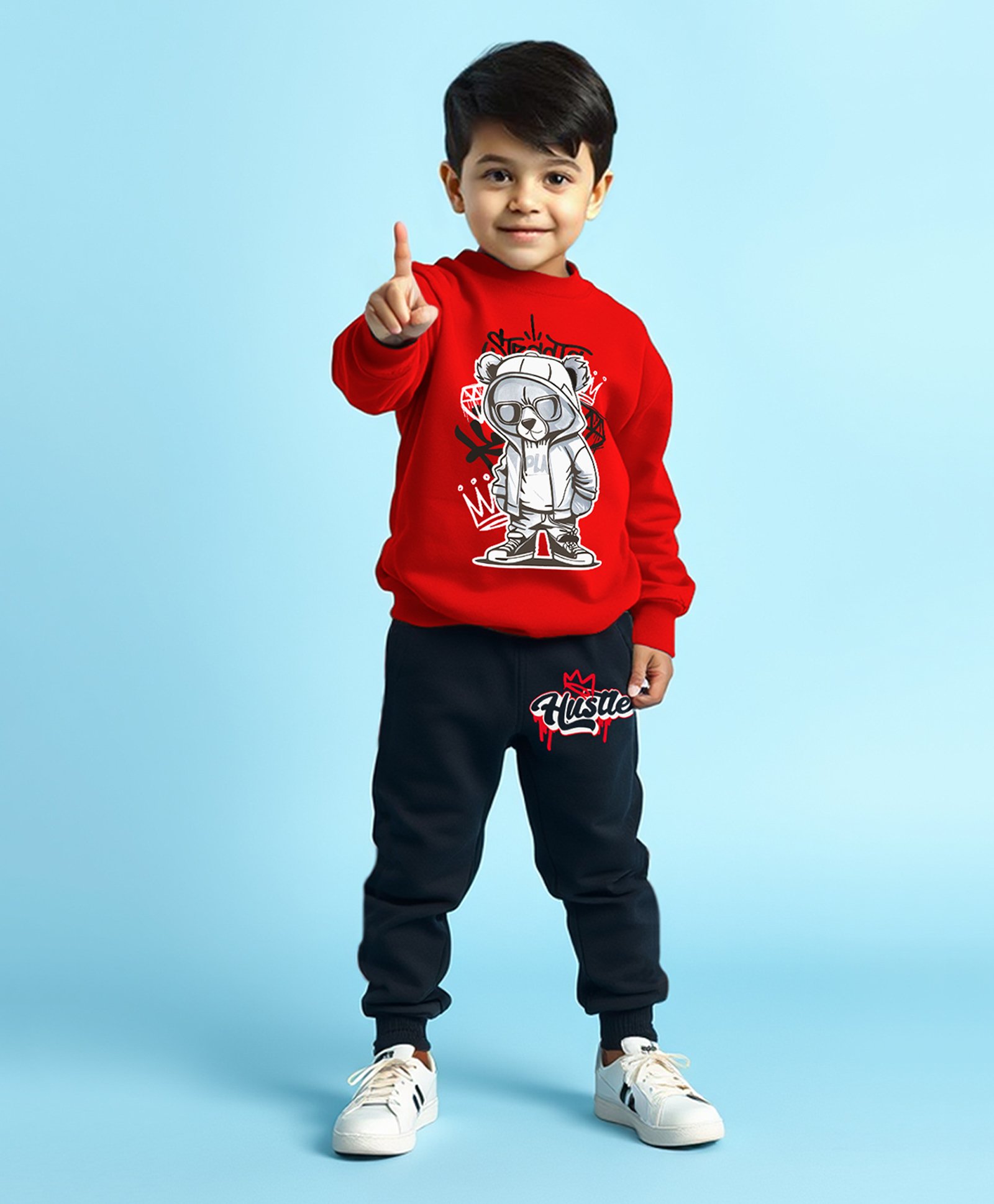 Trampoline Cotton Blend Full Sleeves Teddy Bear Printed Tee With Track Pants Set - Red & Black-picture-11