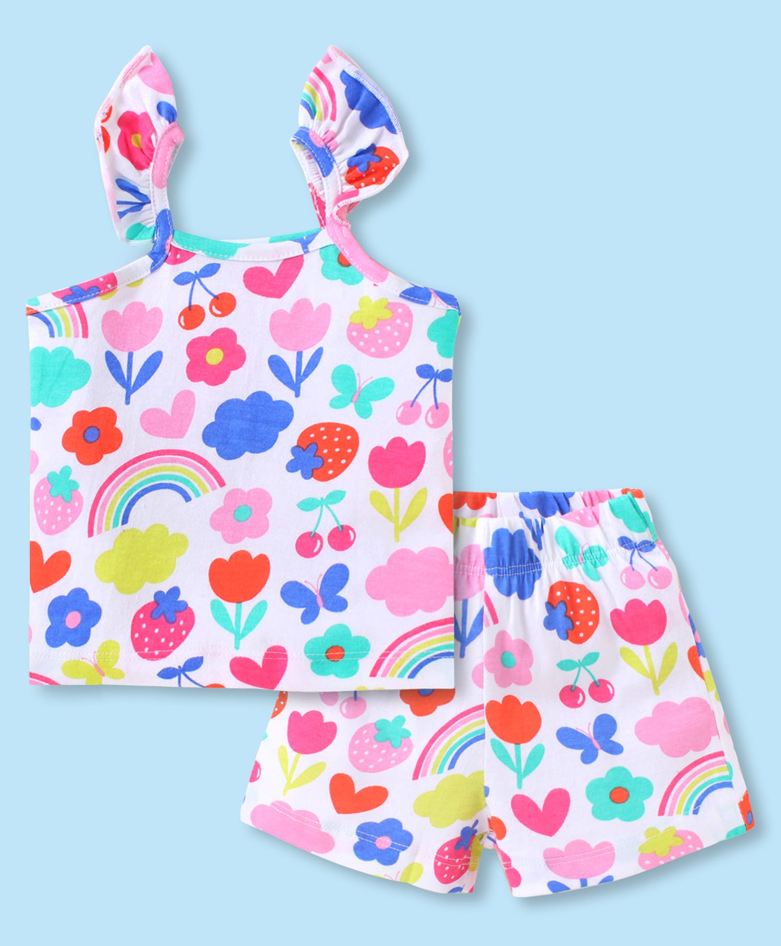 Babyhug Cotton Knit Single Jersey Sleeveless Night Suit With Floral Print - White-image-6