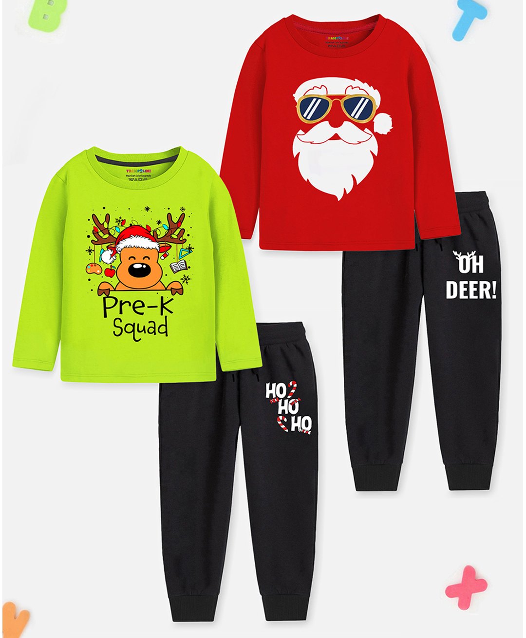 Trampoline Pack Of 2 Christmas Theme Full Sleeves Reindeer & Santa Clause Printed Tees & Pajamas Set - Multi Colour-picture-36