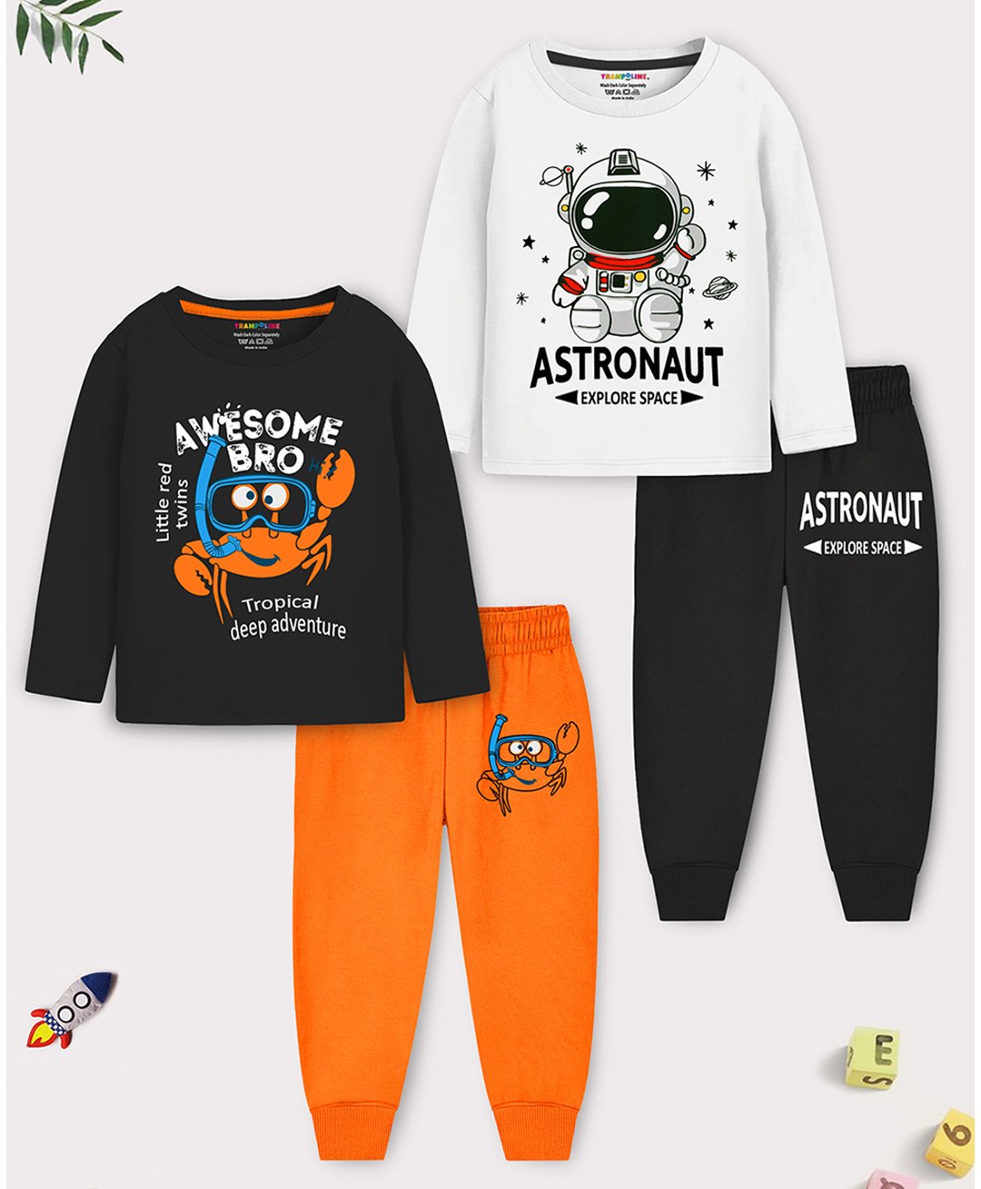 Trampoline Pack Of 2 Full Sleeves Space Theme & Typography Printed Tees & Pajamas Set - Multi Colour-picture-37