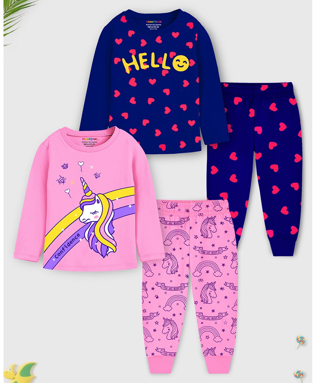 Trampoline Pack Of 2 Full Sleeves Unicorn & Hello Text Printed Tees & Pajamas Set - Pink & Blue-picture-40