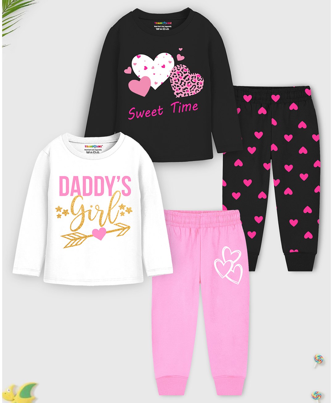 Trampoline Pack Of 2 Full Sleeves Daddys Girl & Hearts Printed Tees & Pajamas Set - Black & Pink-image-49