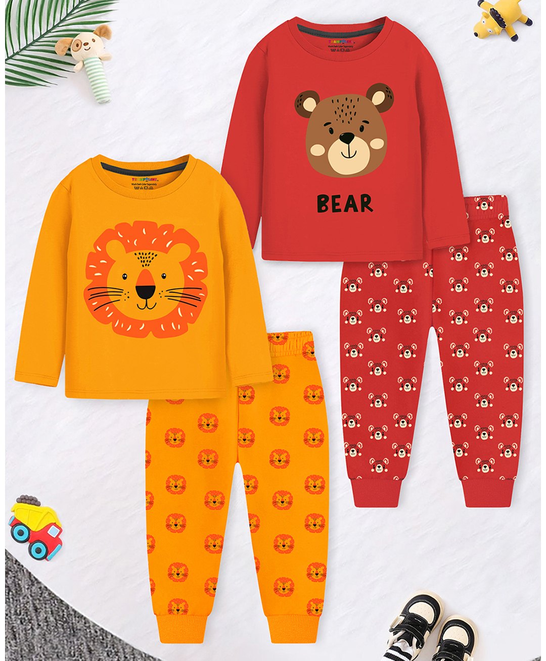 Trampoline Pack Of 2 Full Sleeves Lion & Bear Printed Tees & Pajamas Set - Red & Yellow-picture-34