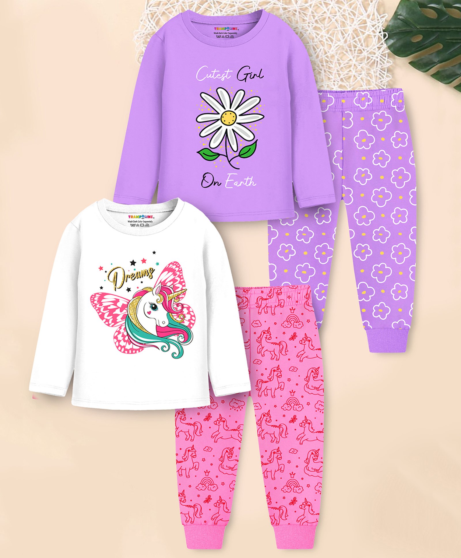 Trampoline Pack Of 2 Full Sleeves Unicorn & Floral Printed Tees & Pajama Set - Pink & Purple-image-25