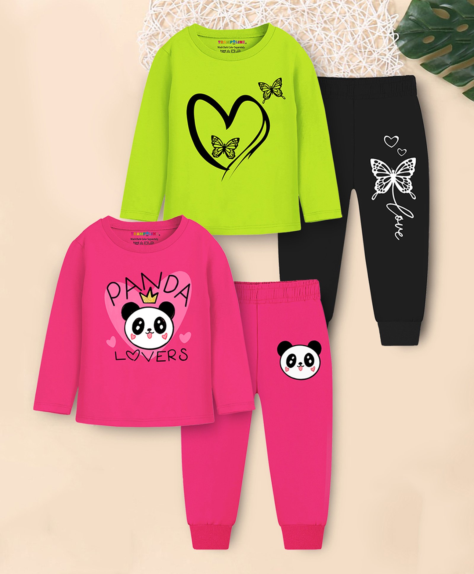 Trampoline Pack Of 2 Full Sleeves Panda & Butterfly Printed Tees & Pajamas Set - Pink & Green-image-43