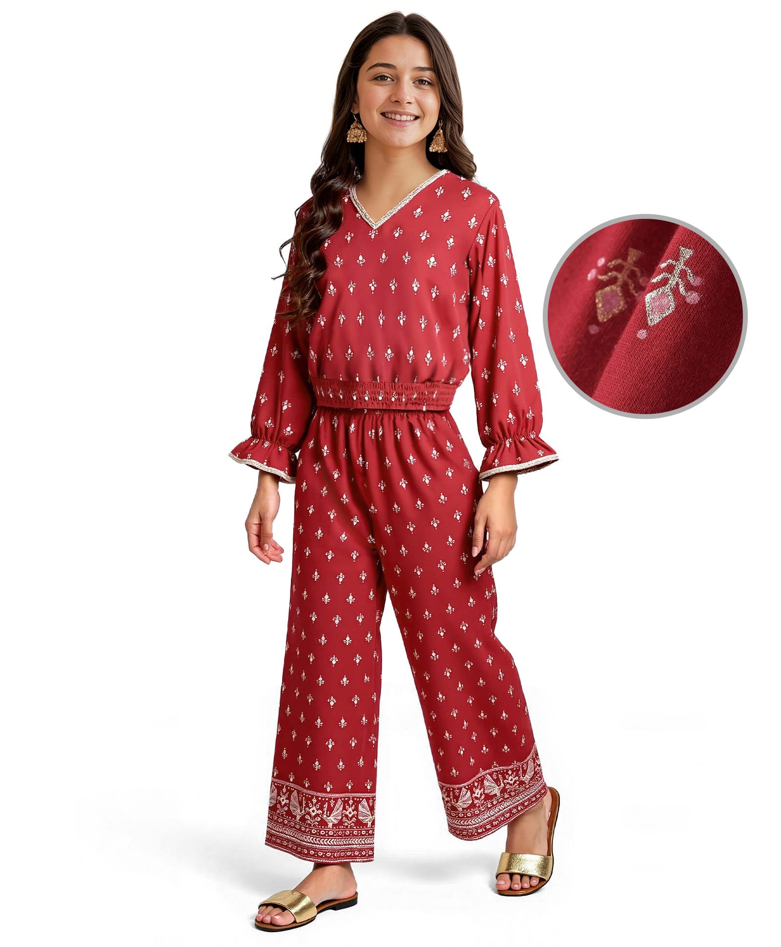 EARTHY TOUCHSingle Jersey Knit Full Sleeves Indo Western Top & Palazzo Set- Dark Red-image-29