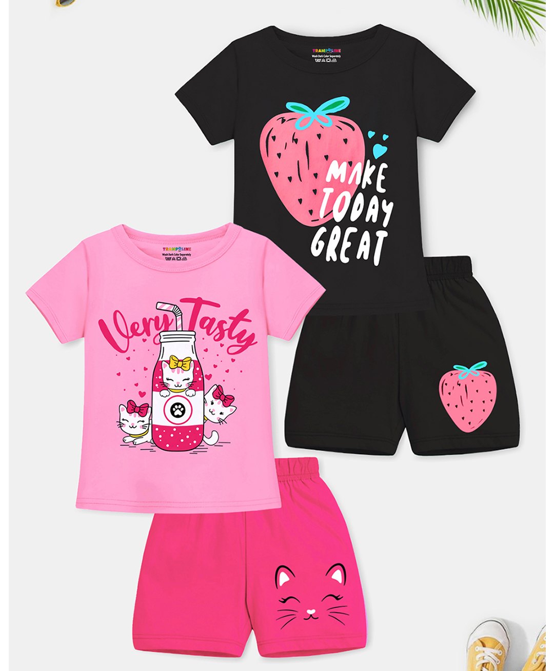 Trampoline Pack Of 2 Half Sleeves Cat & Strawberry Printed Tees & Shorts Set - Black & Pink-image-33